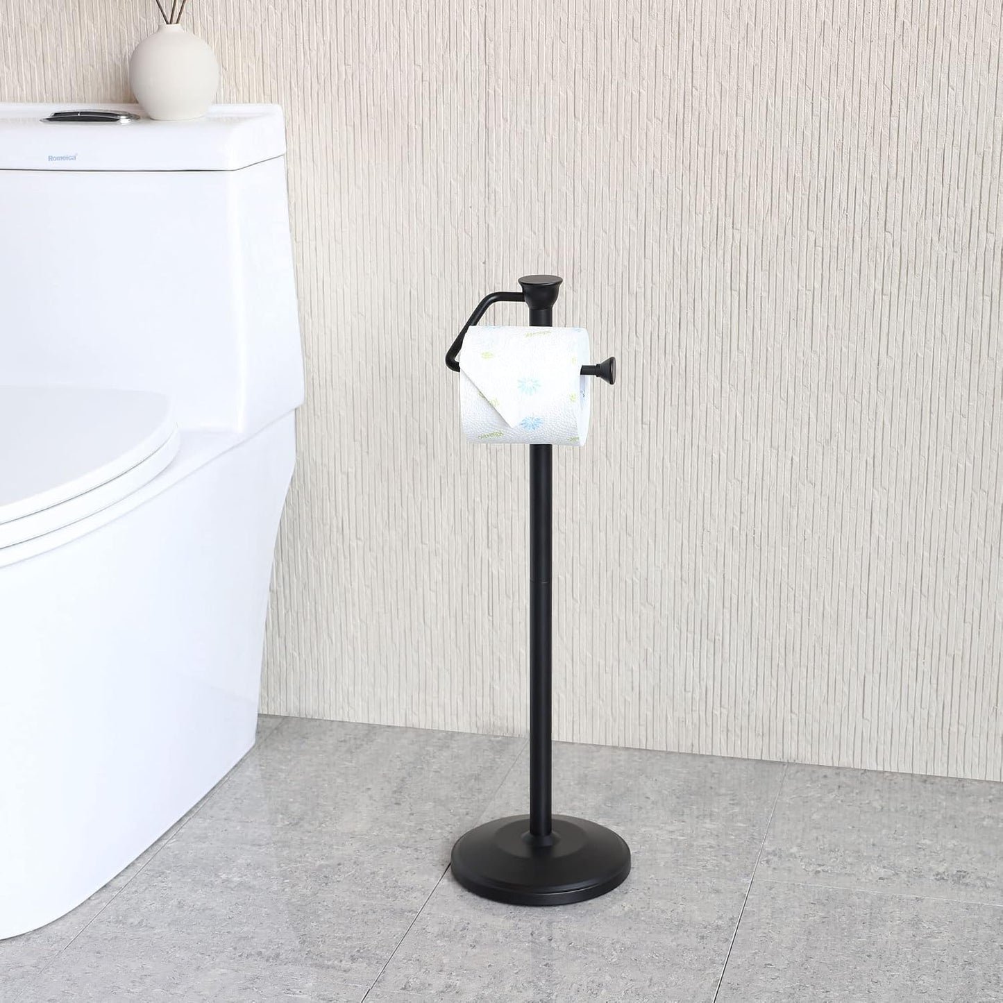 Free Standing Toilet Paper Holder Stand with Reserve, Bathroom Tissue Dispenser Storage for 5 Mega Rolls, Black Toilet