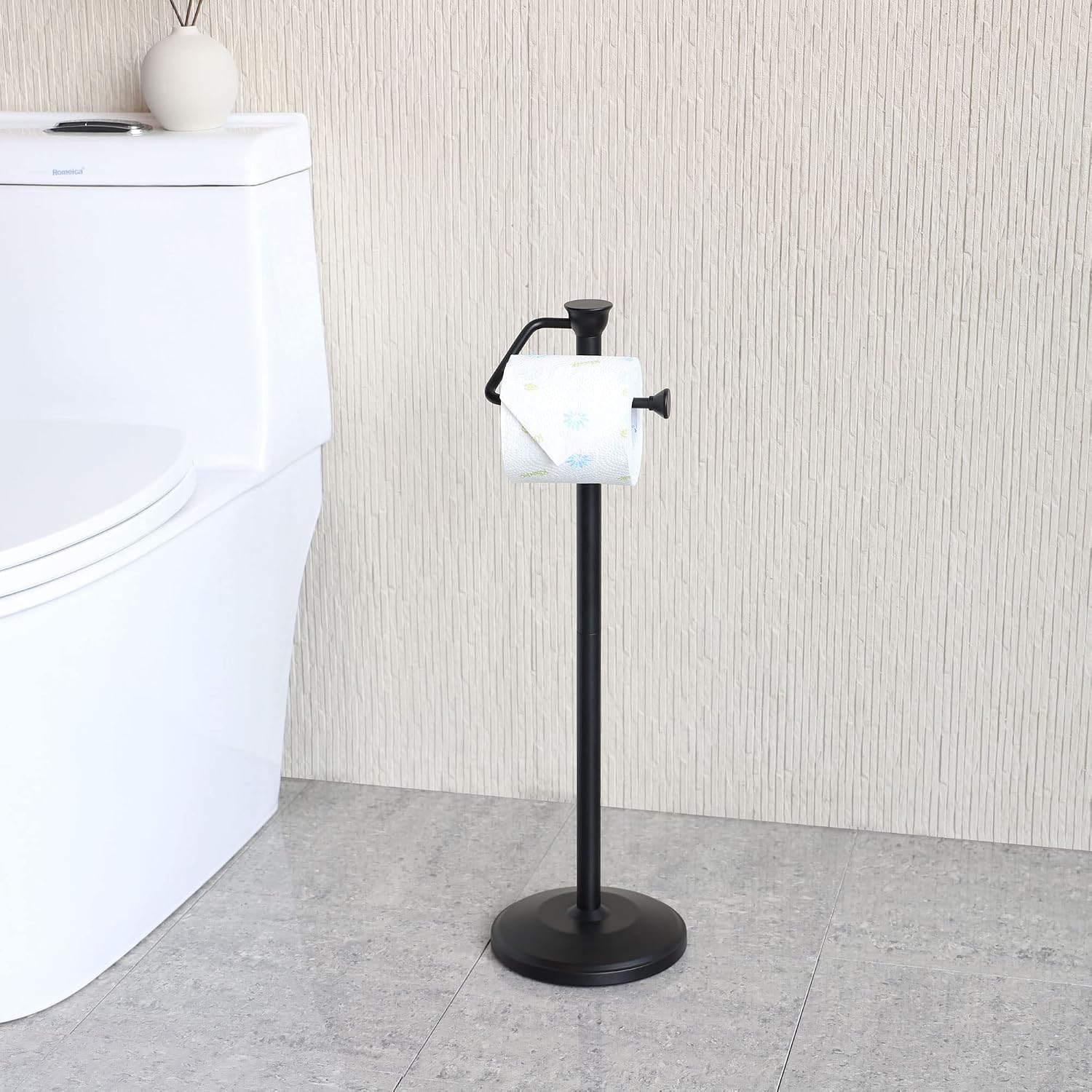 Free Standing Toilet Paper Holder Stand with Reserve, Bathroom Tissue Dispenser Storage for 5 Mega Rolls, Black Toilet