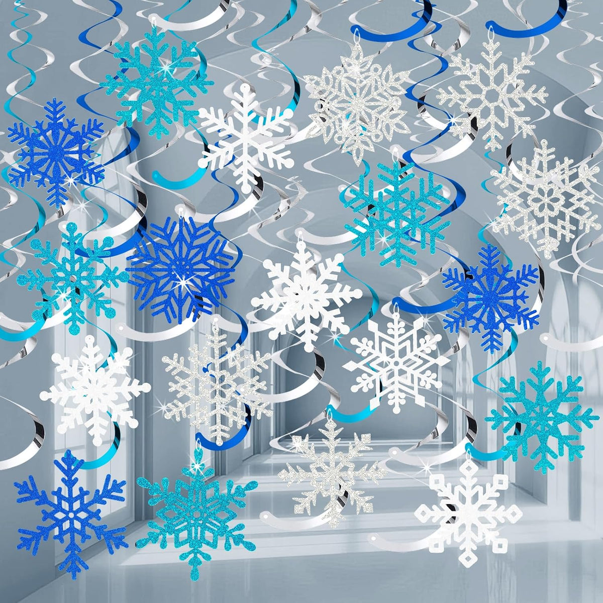 Snowflake Decorations, Christmas Hanging Decor, 48 Glitter Snowflake Swirls