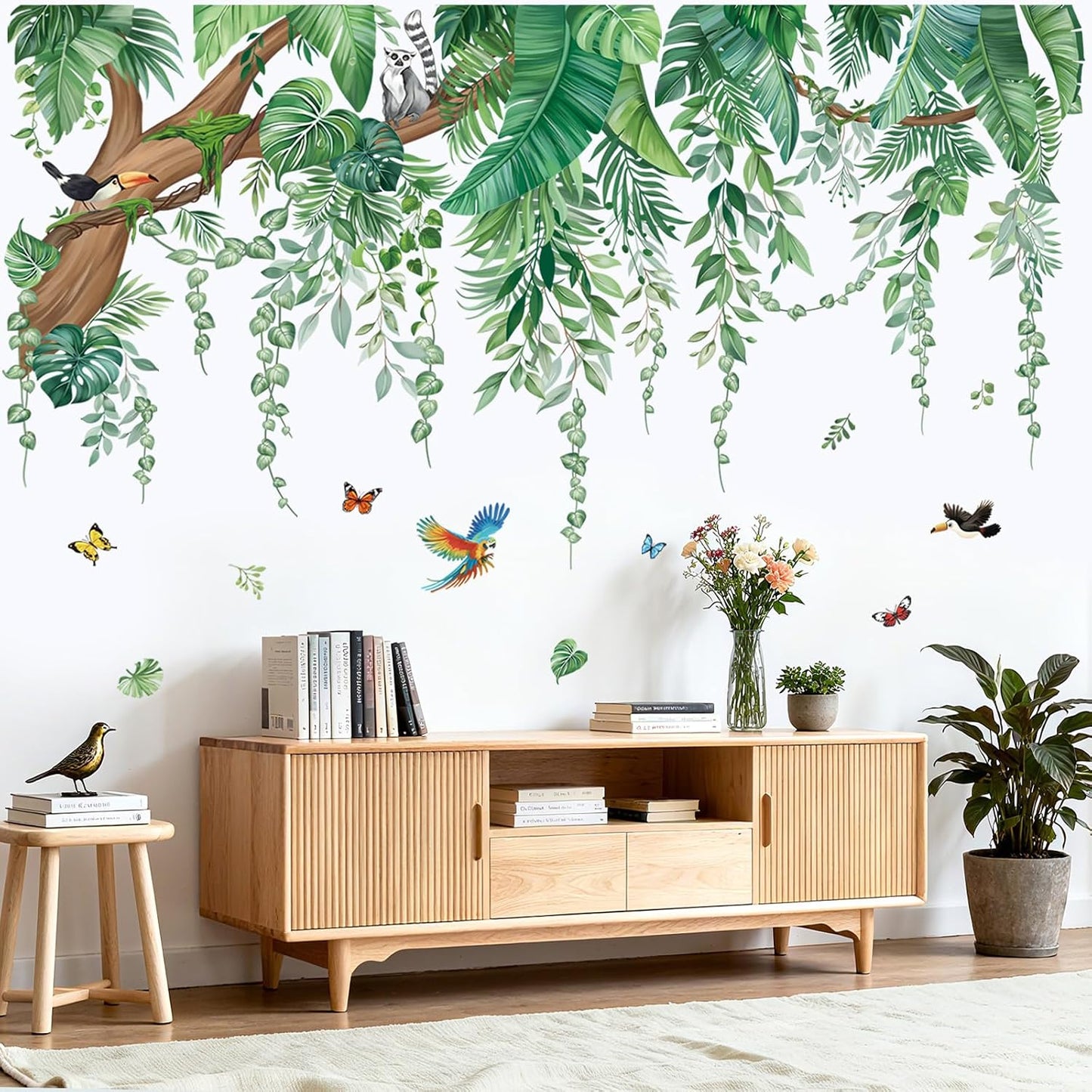 Large Tropical Leaves Wall Stickers Hanging Vines Palm Tree Peel and Stick Wall Art Decals / Green