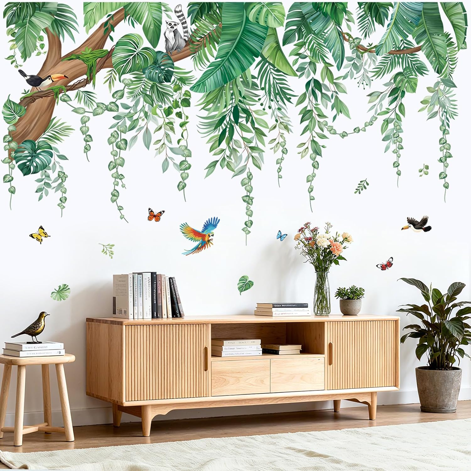 Large Tropical Leaves Wall Stickers Hanging Vines Palm Tree Peel and Stick Wall Art Decals / Green