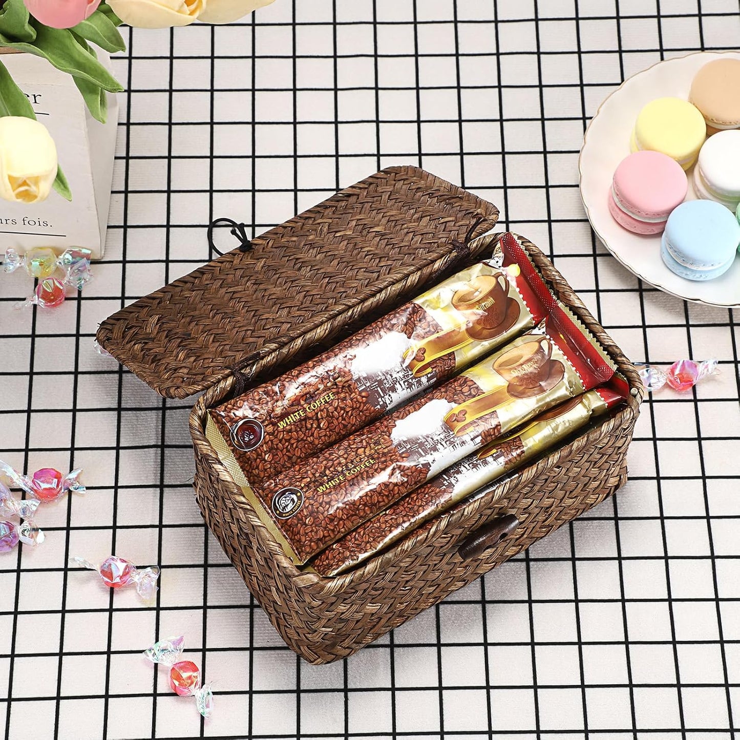 Handwoven Wicker Basket / 7.0 x 4.3 x 3.3 / Coffee Color