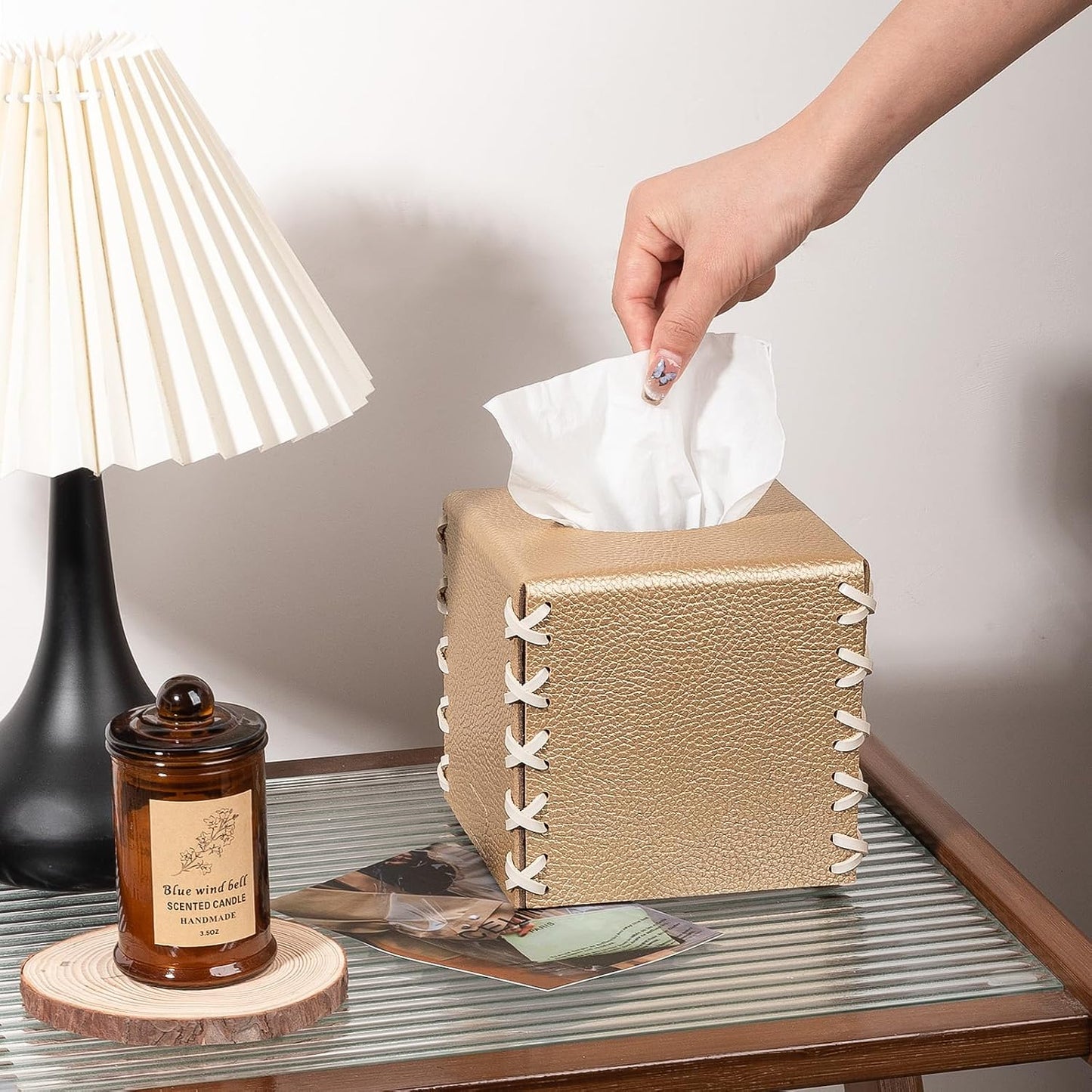 Tissue Box Cover PU Leather Tissue Holder Decorative Home Decor Cube Boxes / Gold / Square