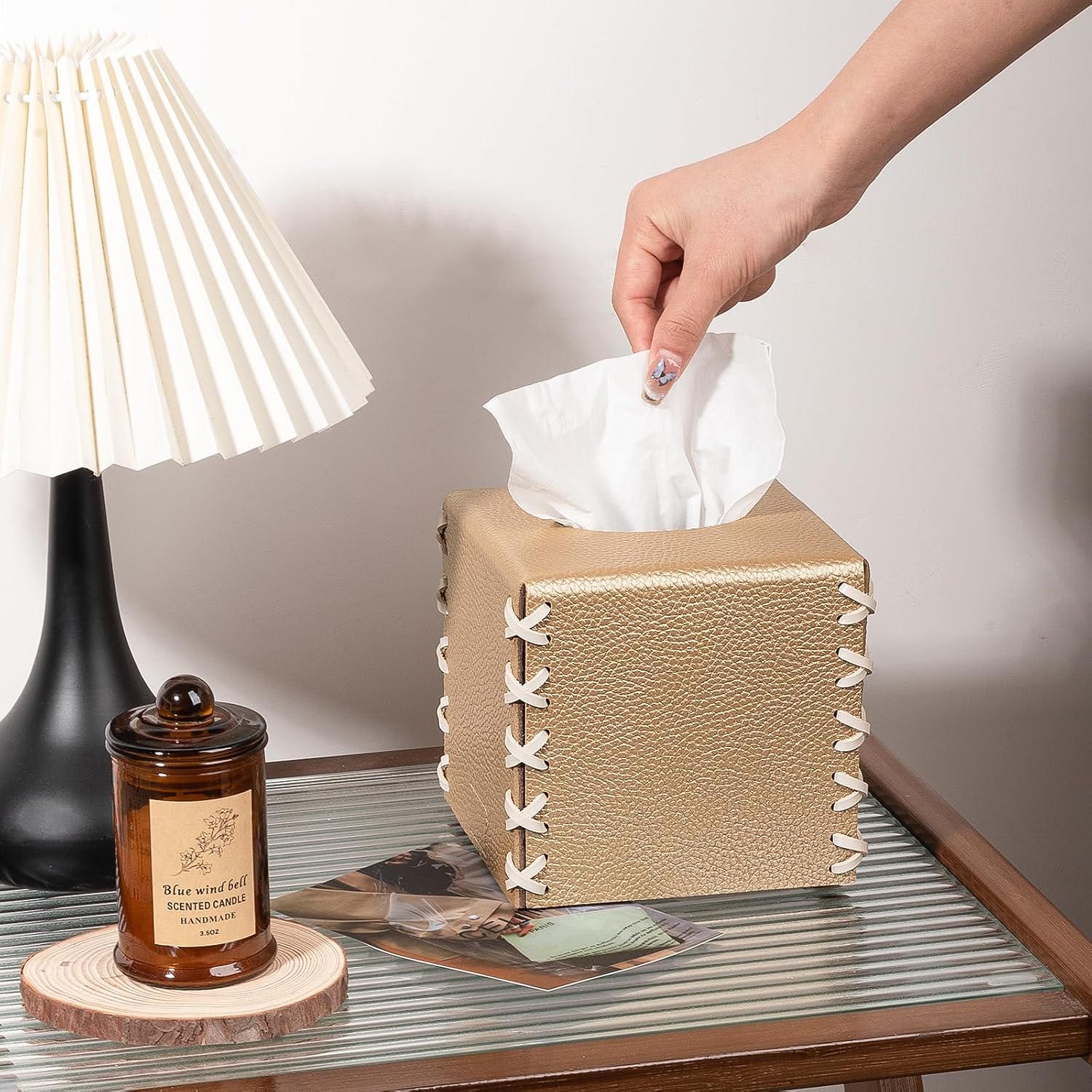 Tissue Box Cover PU Leather Tissue Holder Decorative Home Decor Cube Boxes / Gold / Square