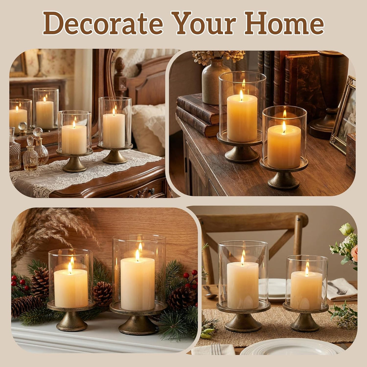 Set of 2 Hurricane Candle Holder Set with Glass Dome & Iron Base – Elegant Decorative Pillar Candle Holders for Living