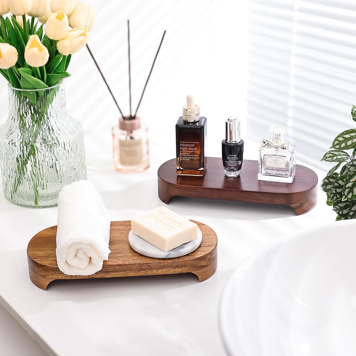Pedestal Stand / Bathroom Counter Decorative Tray / Nature Acacia