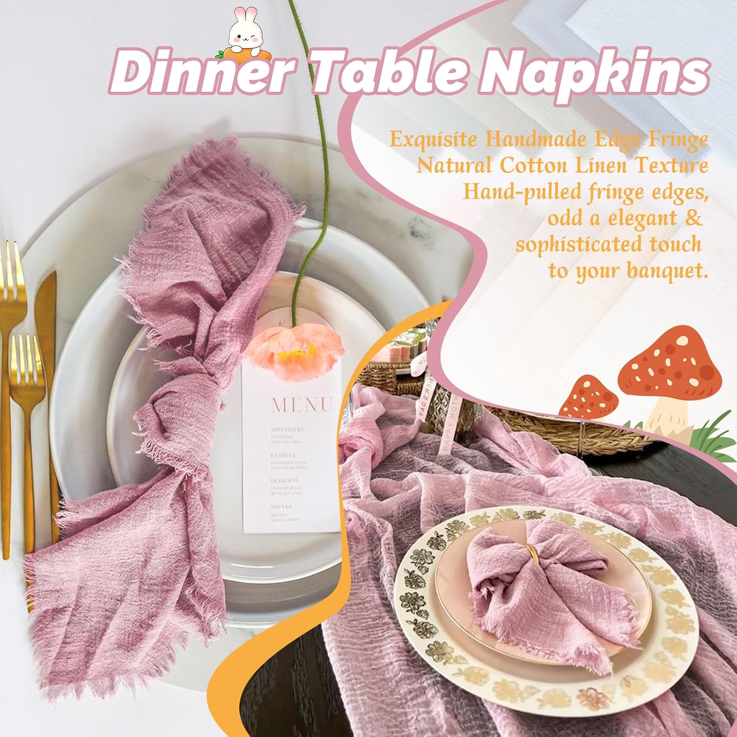 Showgeous 30 Pack Dusty Rose Cloth Napkins with Fringe, 16x16 inch | 100% Cotton Napkins Handmade Dinner Napkins Bulk
