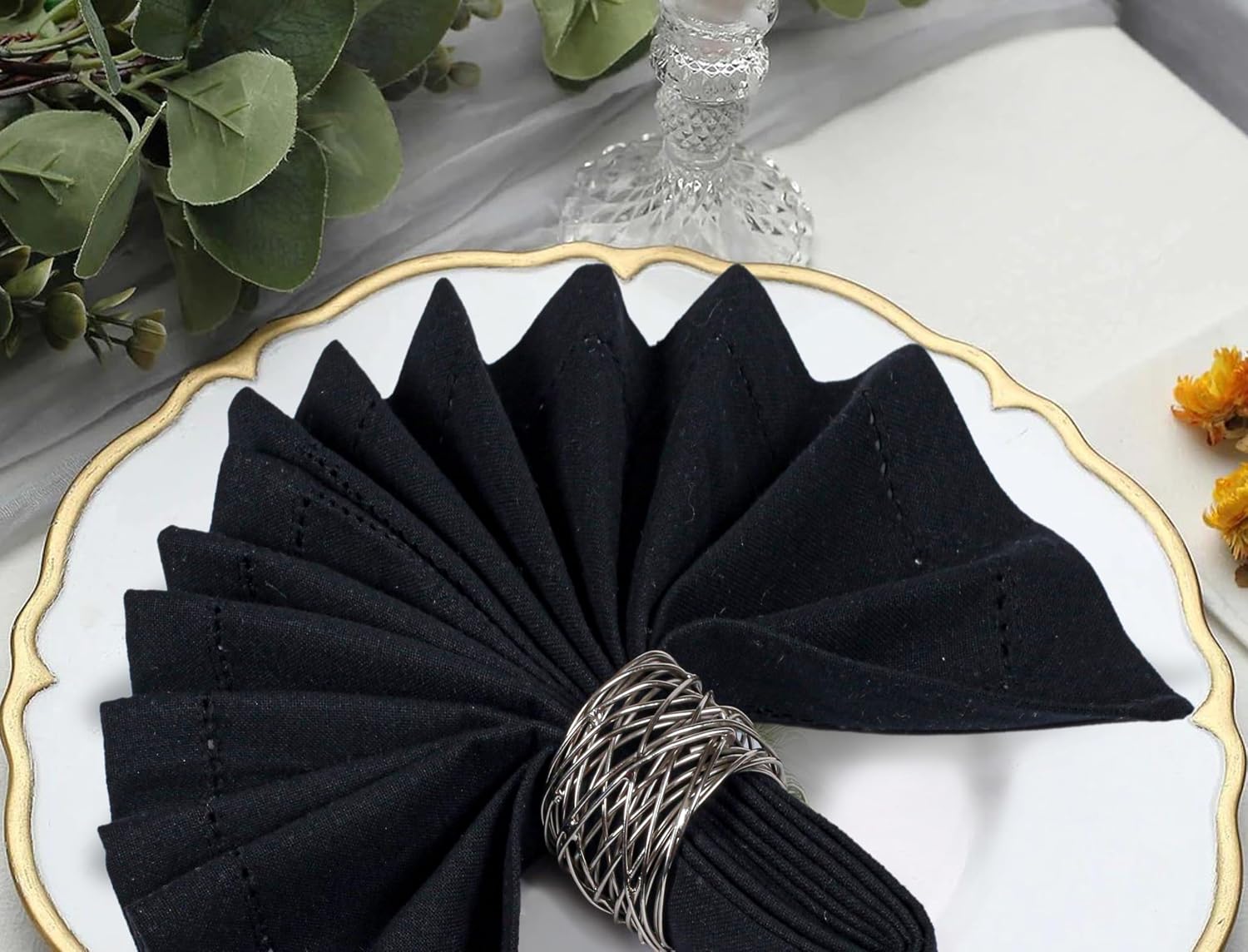 Bedding Craft Cloth Dinner Napkins Set of 12 – 18x18 Jet Black Linen-Look Hemstitched – Reusable Machine Washable