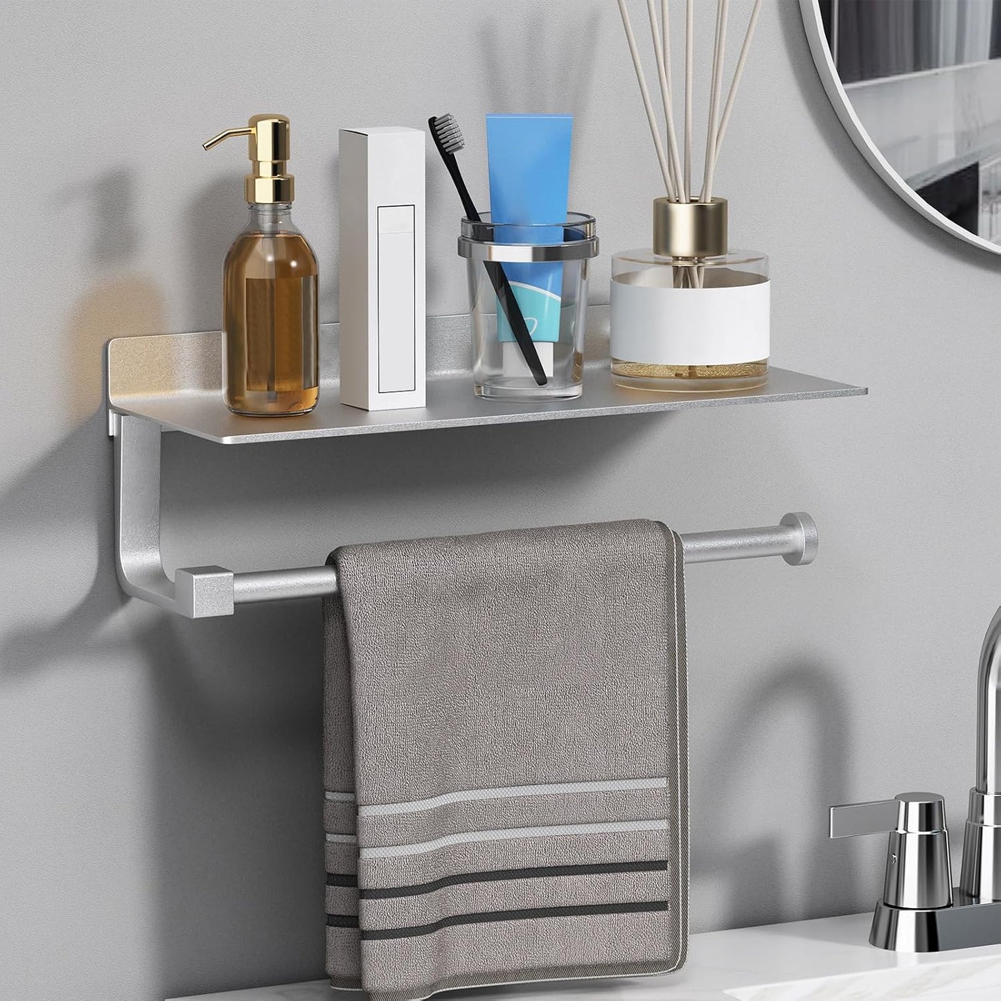 Wall Mount Paper Towel Holder with Shelf for Bathroom/Kitchen, Adhesive Hand Towel Holder, Matte Silver