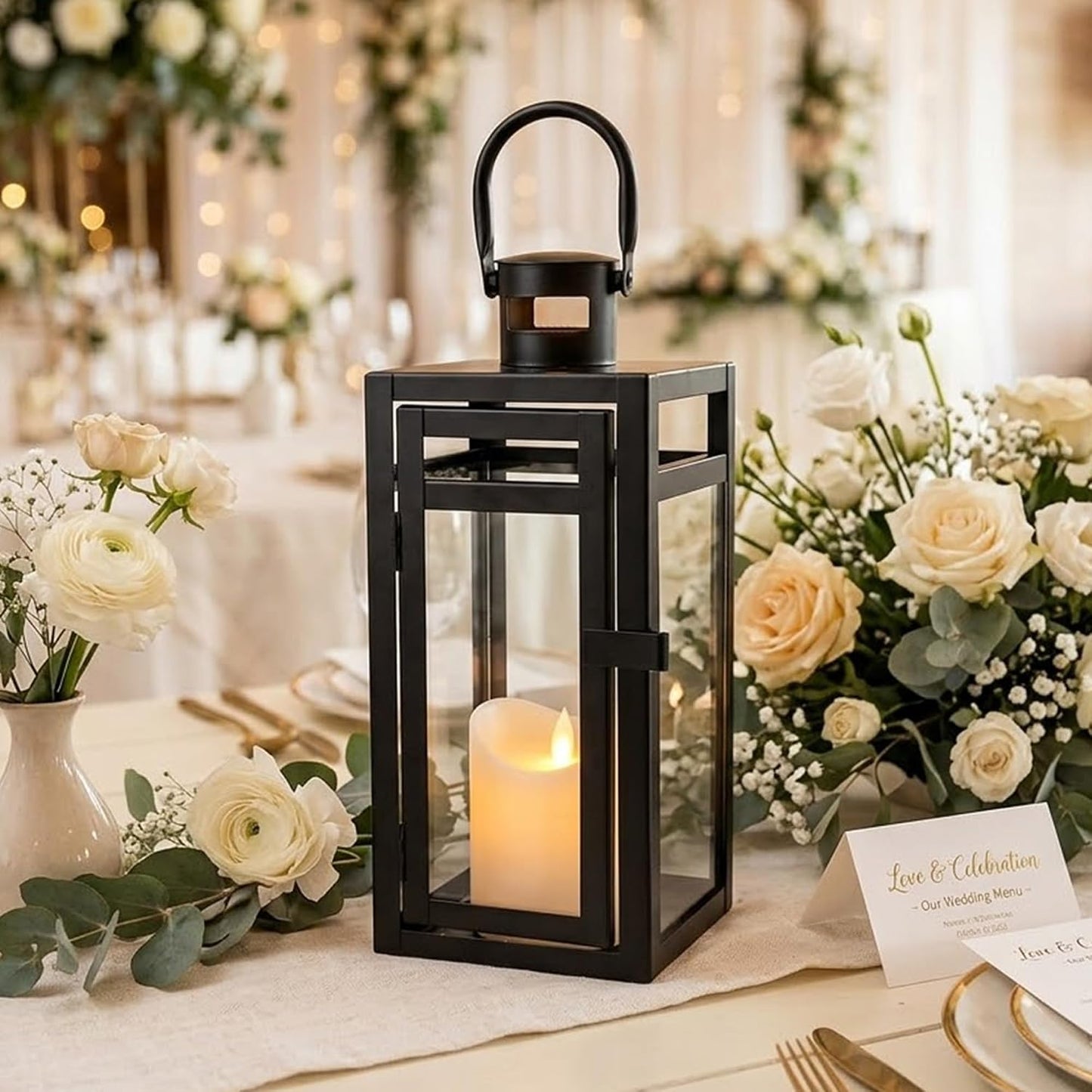 TRIROCKS Metal Candle Lantern 12'' High Decorative Outdoor Lantern Hanging Lantern with Tempered Glass for Christmas