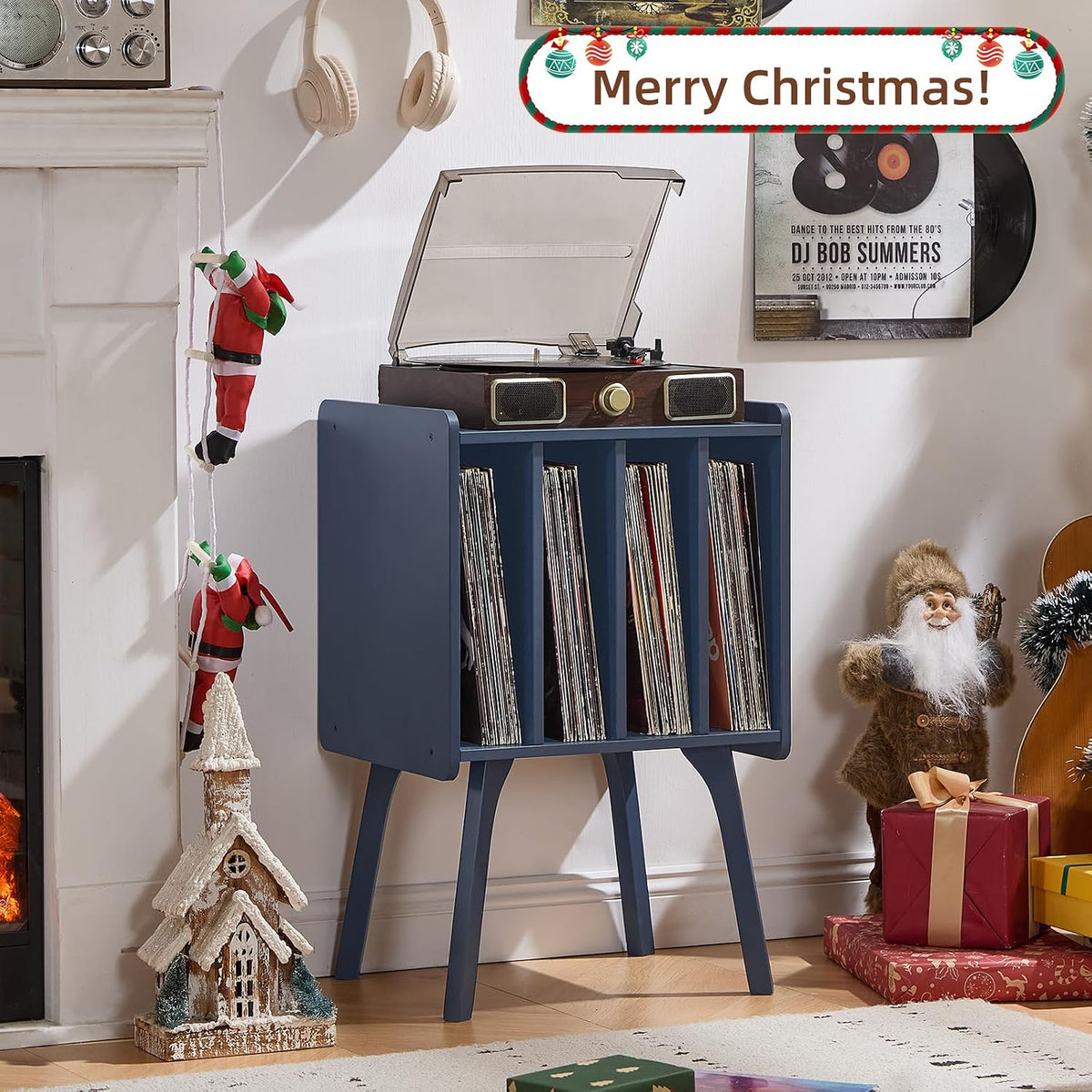 Record Player Stand, Blue Vinyl Record Storage Table for Albums | Mid-Century Modern Turntable Stand with Wood Legs, 4