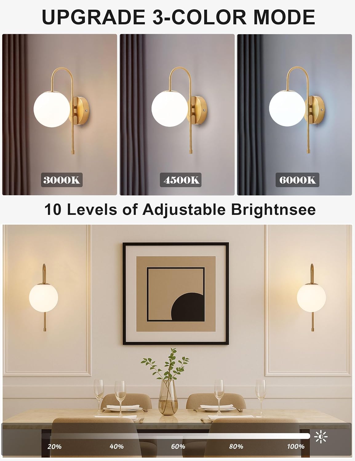 Battery Operated Gooseneck Wall Sconces, Brushed Gold Globe Glass Set of 2