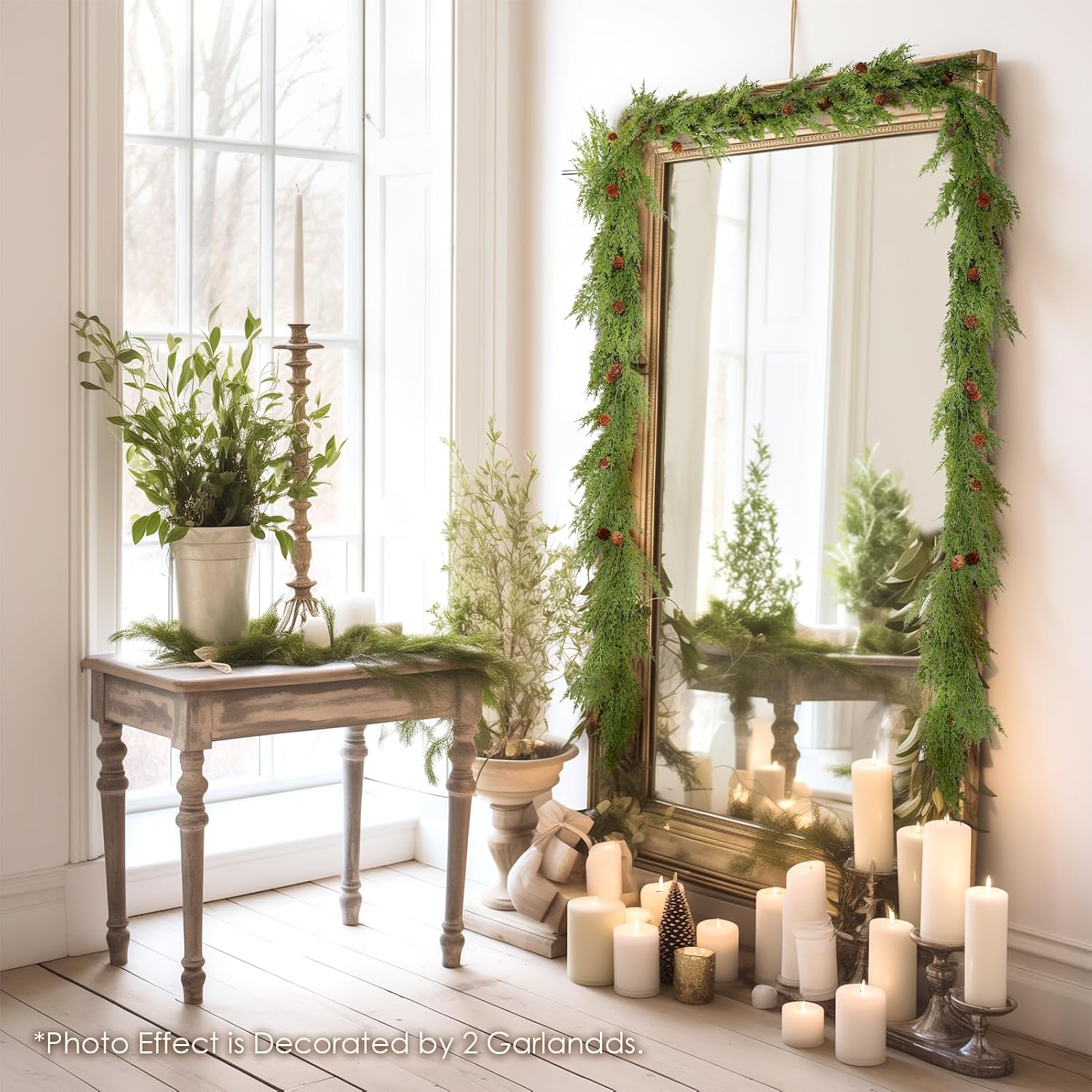 WBHome 2pcs Real Touch Cypress Cedar & Pine Cone Evergreen Garland for Christmas Holiday Seasonal Outdoor/Indoor Home