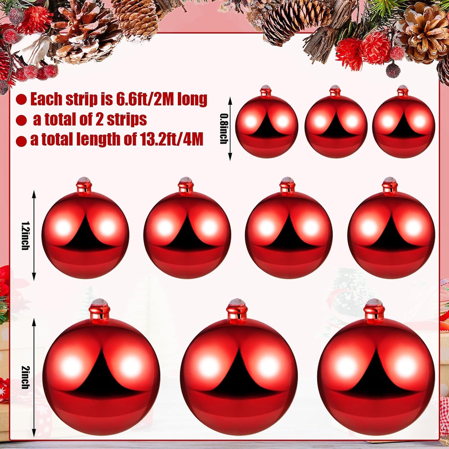 2 Pcs 6 ft Christmas Ball Garland Ornaments, Red | Bauble Bulb Christmas Tree Ball Decoration Shatterproof Ornaments