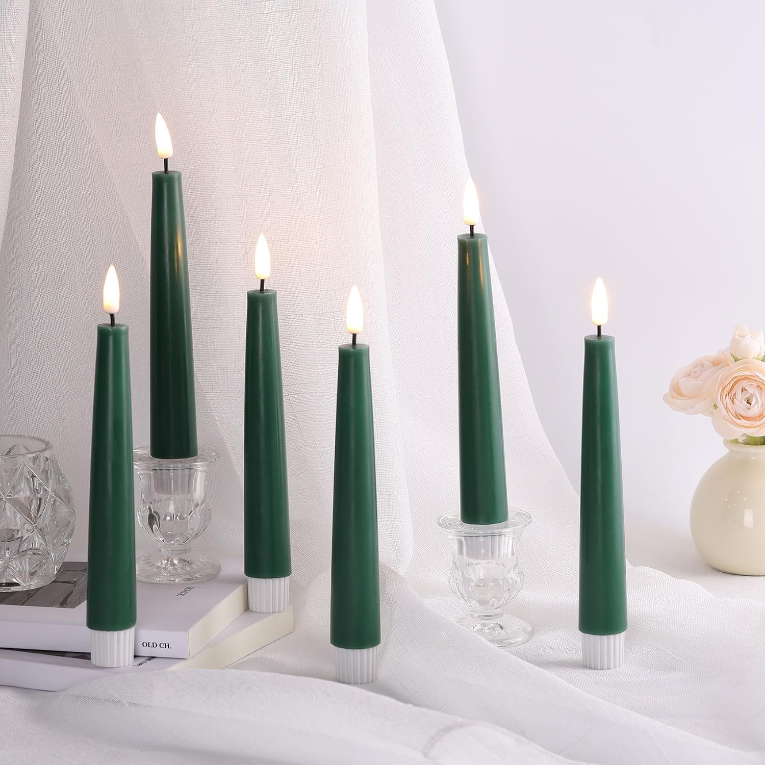 Short Green Flameless Taper Candles with Remote Set of 6 | Flickering LED Candlesticks, Real Wax Coating, 2 AAA Battery