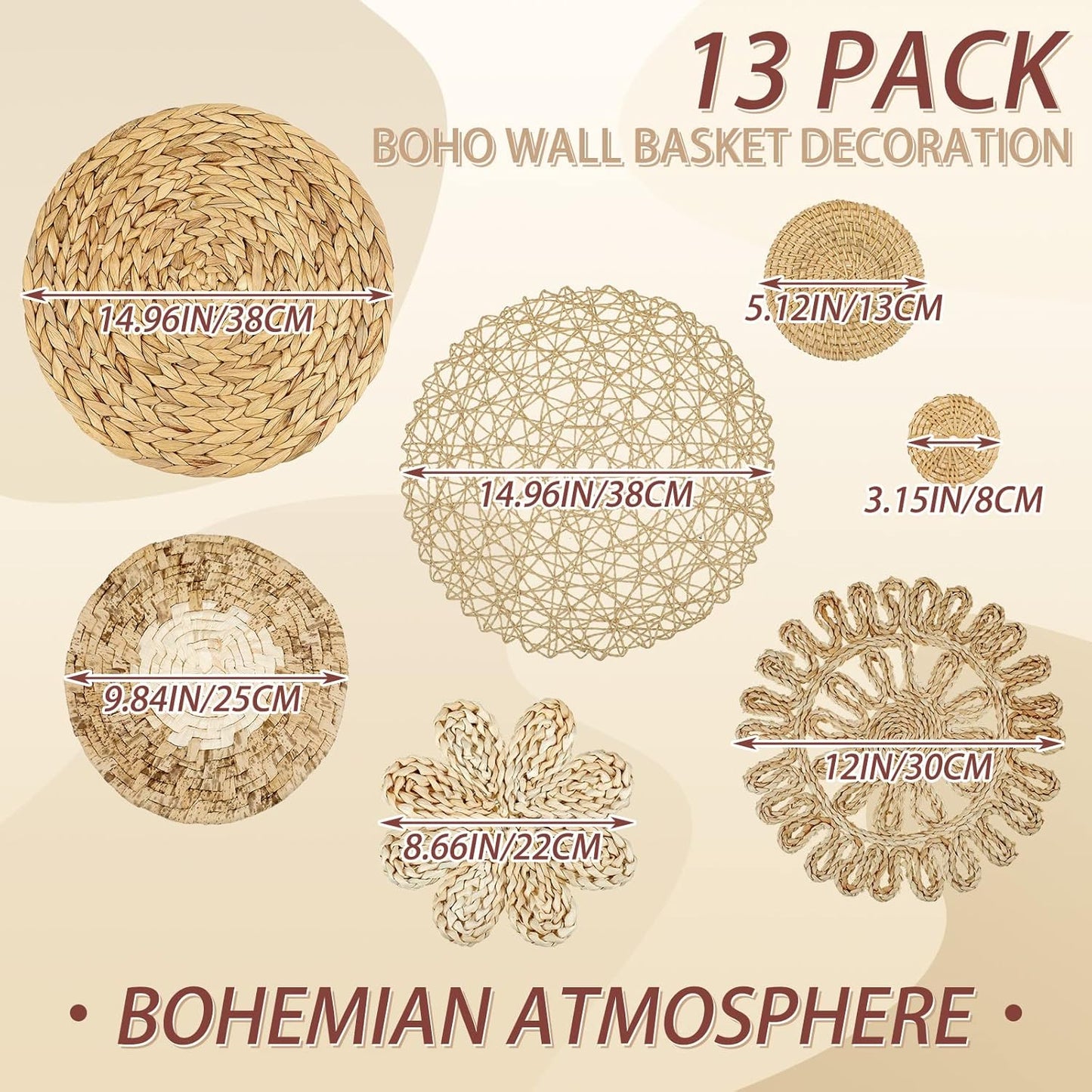 Boho Wall Basket Decor Woven Rattan Flat Baskets Handmade Boho Wicker Bamboo / Plain / Set of 13