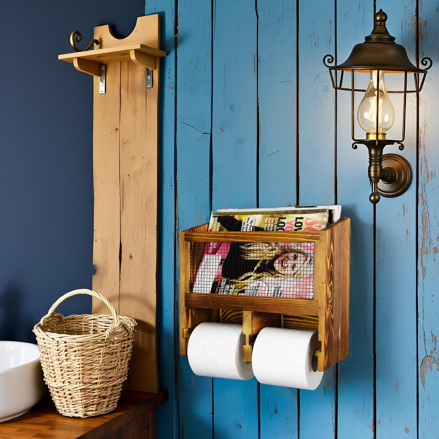 Owlgift Vintage Rustic Burnt Solid Wood & Metal Mesh Wall Mounted Dual Toilet Paper Roll Dispenser & Magazine Holder