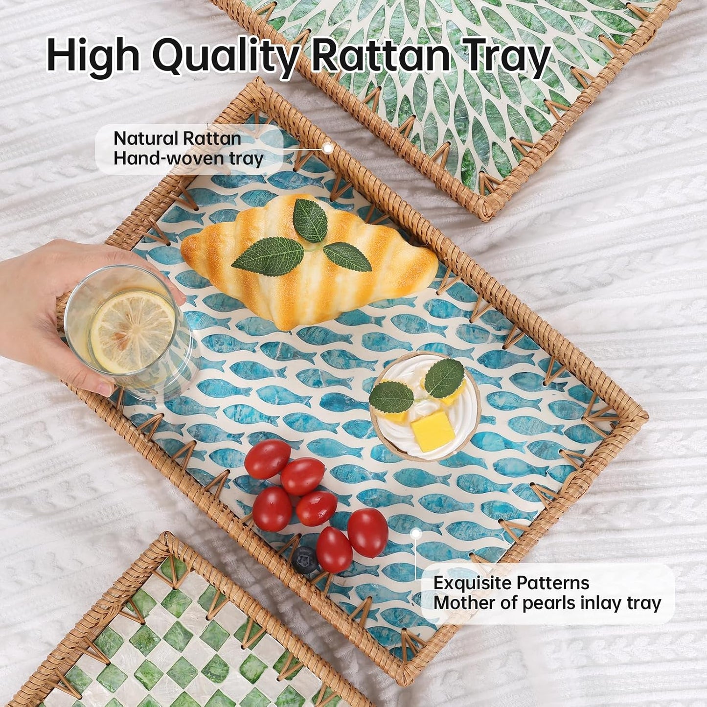 Rattan Serving Tray / Turquoise Fish