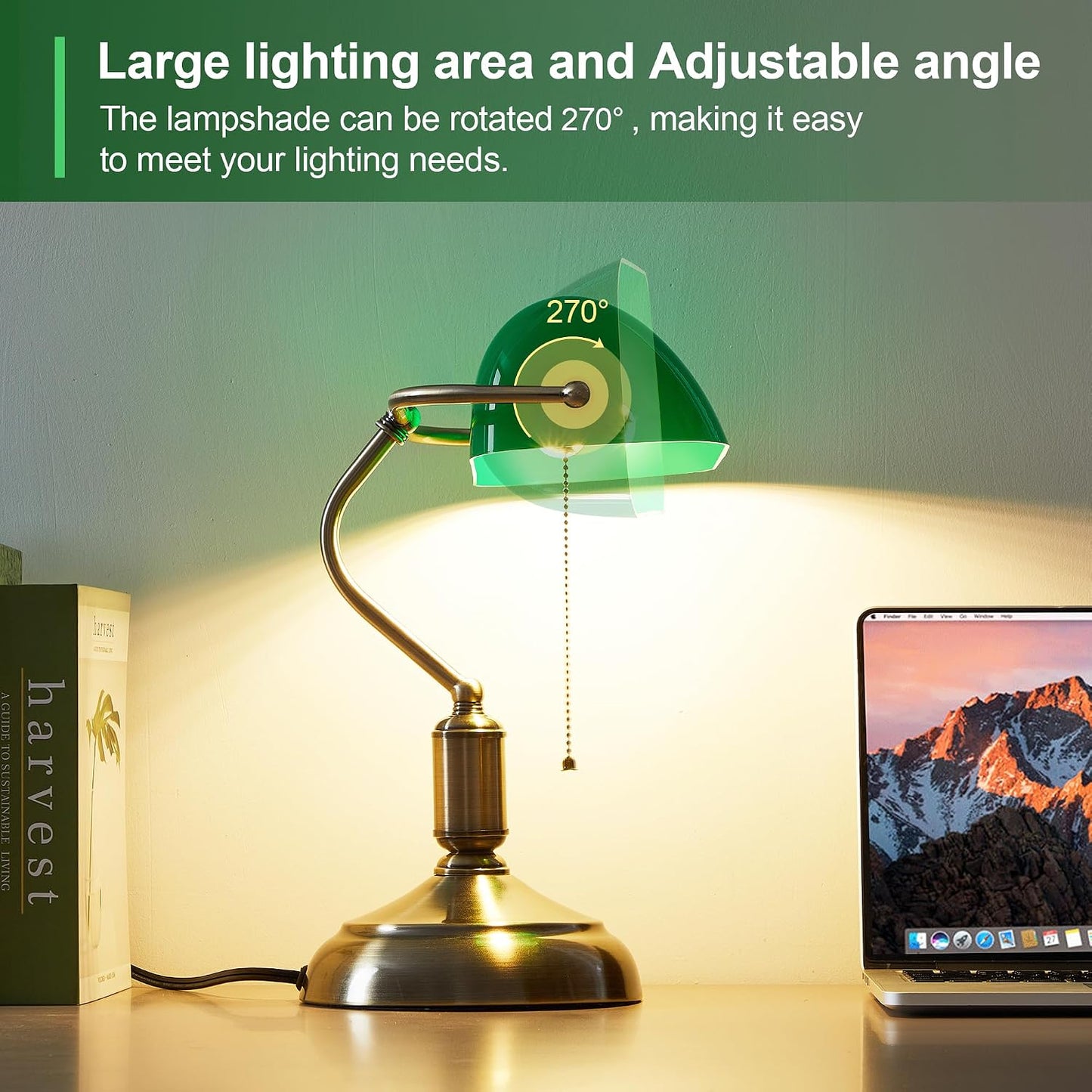Bankers Lamp, Green Desk Lamp with Pull Chain Switch, 3 Lighting Color Mid Century Banker's Desk Light for Home Office