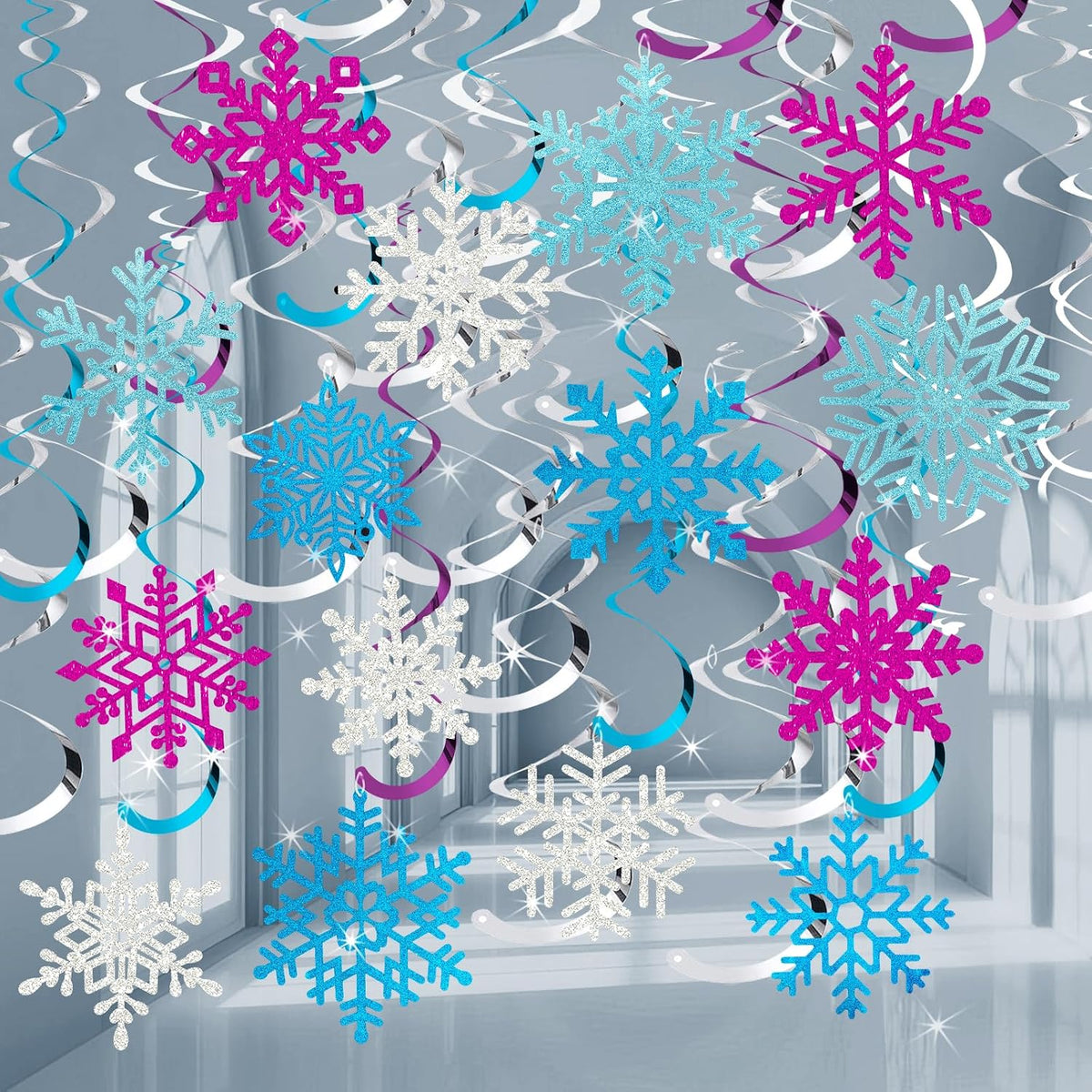 Snowflake Decorations, Christmas Hanging Decor, 48 Glitter Snowflake Swirls