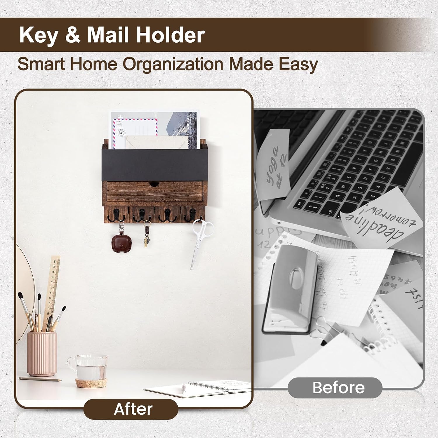 Modern Wooden Mail Organizer / Brown