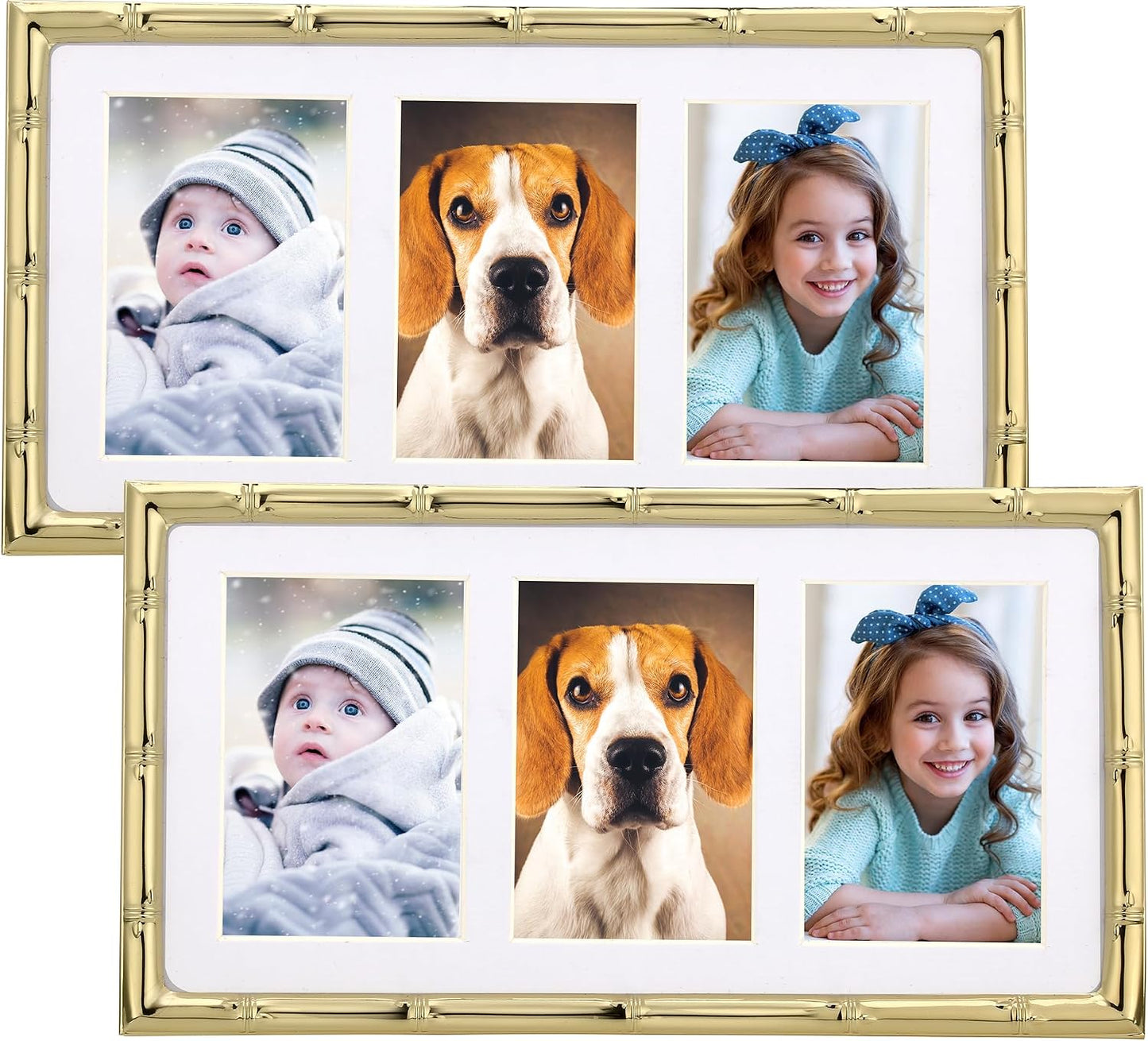 YiPinYin Gold 3-2x3'' Multi Bamboo Detail Designs Metal Picture Frame 3 Section Frame 2pack,Baby Nurse frames With Soft