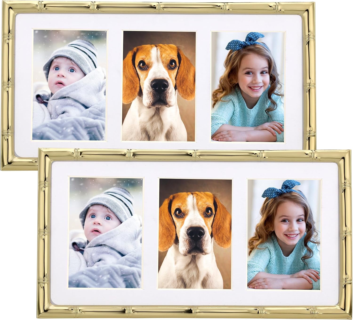 YiPinYin Gold 3-2x3'' Multi Bamboo Detail Designs Metal Picture Frame 3 Section Frame 2pack,Baby Nurse frames With Soft