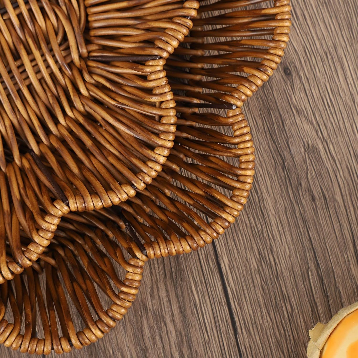 Rattan Flower Shaped Storage Bowl 11" Hand Woven Basket Tray for Bread Fruit Key Round / Natural