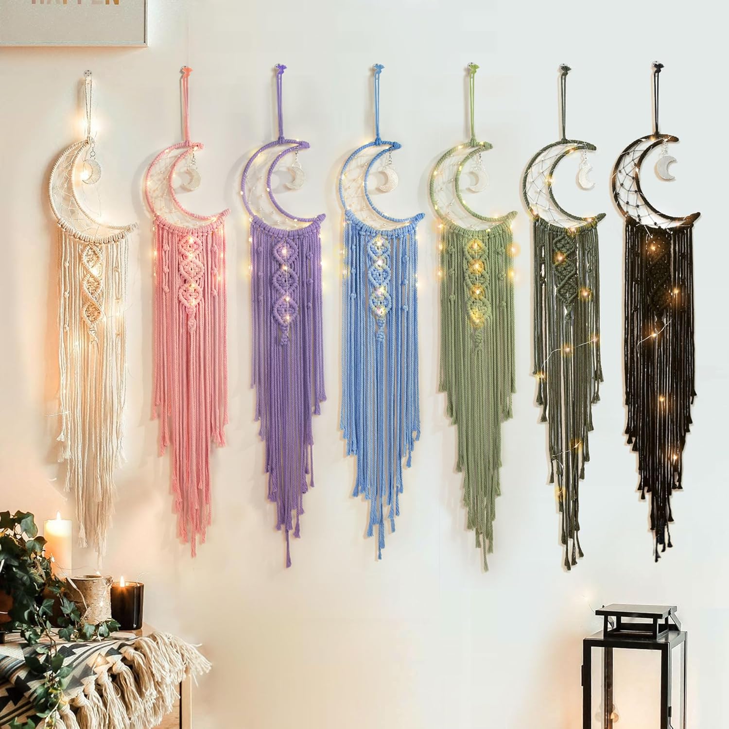 Boho Macrame Woven Wall Hanging / Cream White / with Light