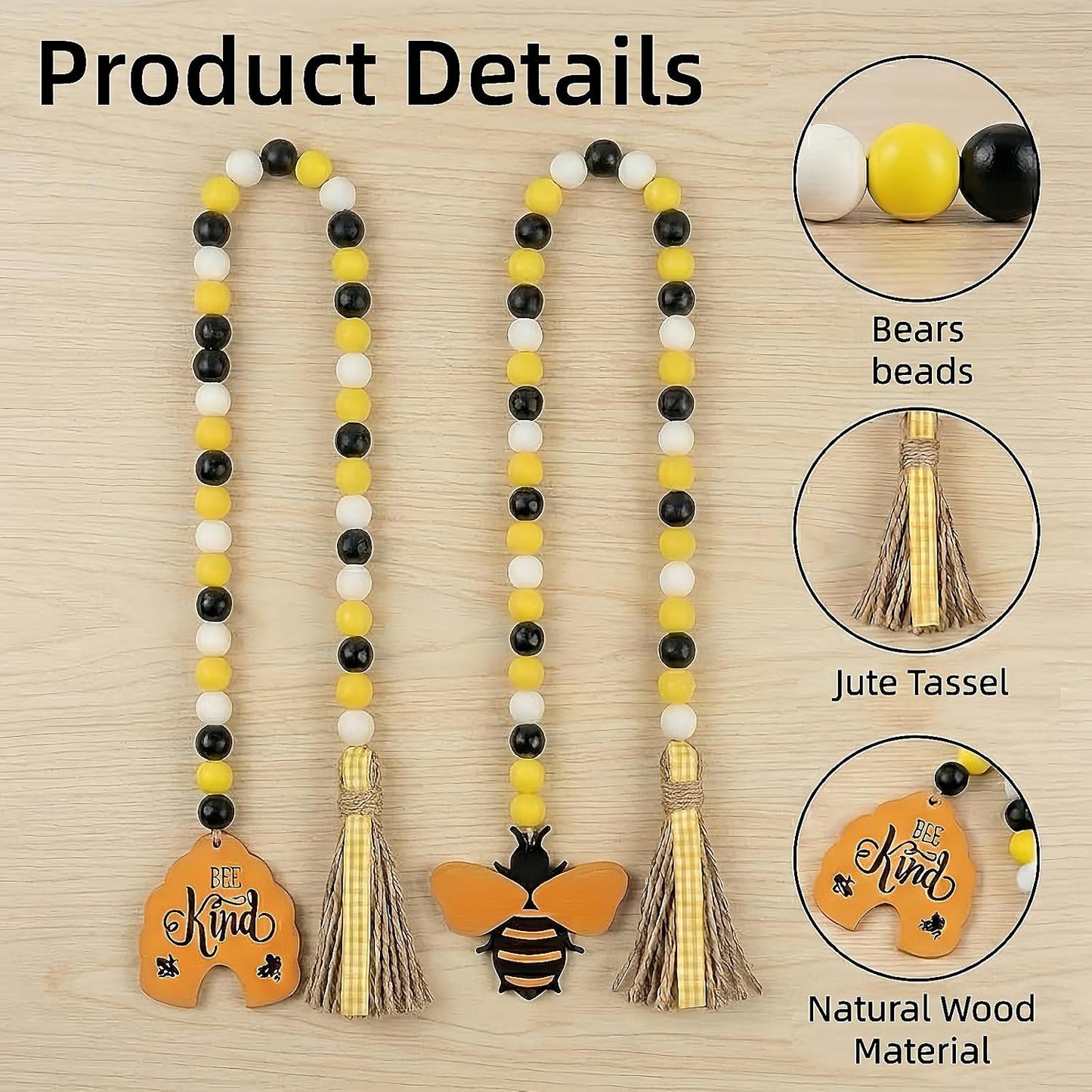 Honey Bee Wood Bead Garland Rustic Farmhouse Tiered Tray Decor / Yellow / Set of 2