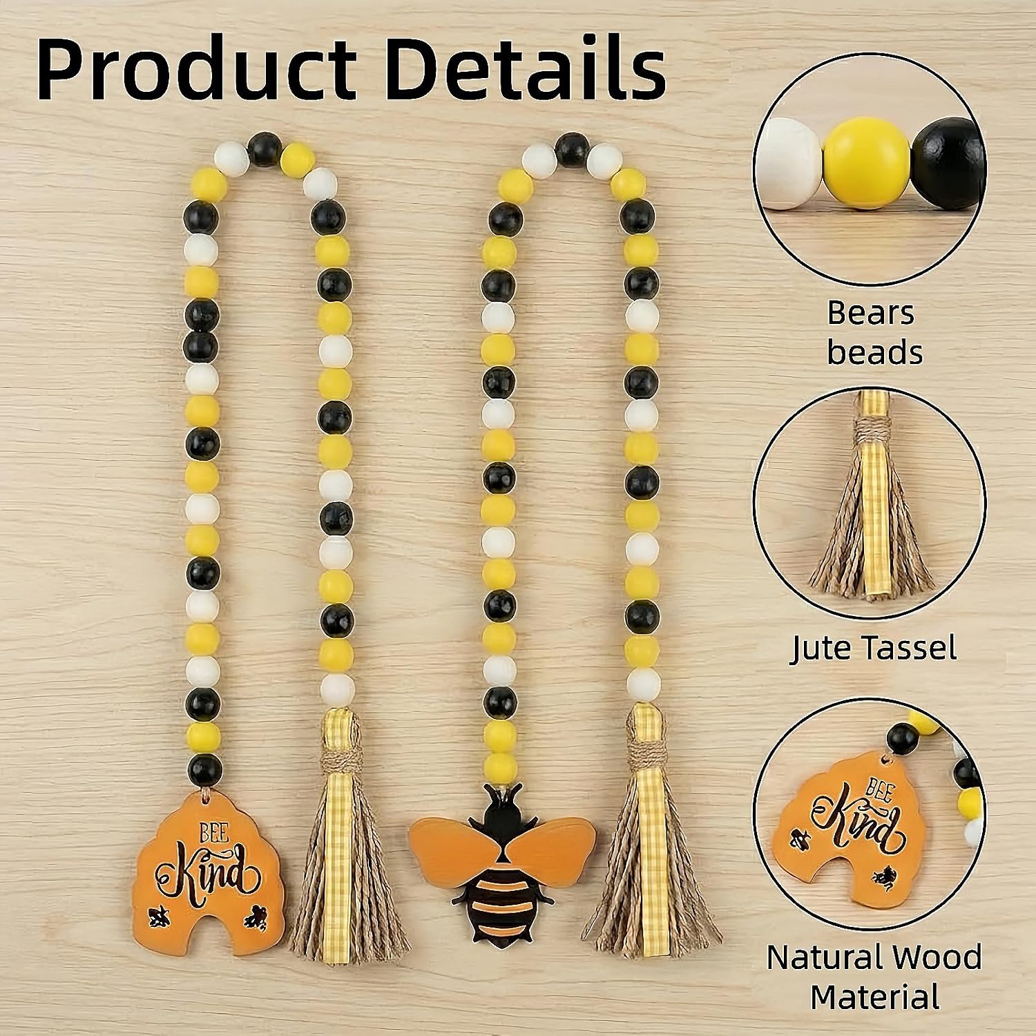 Honey Bee Wood Bead Garland Rustic Farmhouse Tiered Tray Decor / Yellow / Set of 2
