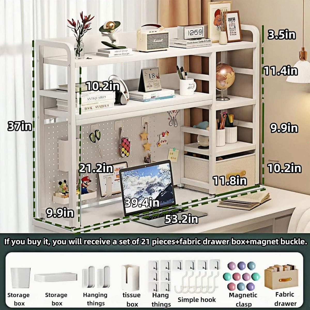 Desktop Bookshelf, pegboard Storage and Organization Rack, Dorm Desk Shelf, Desk Hutch, Desktop Storage for Office