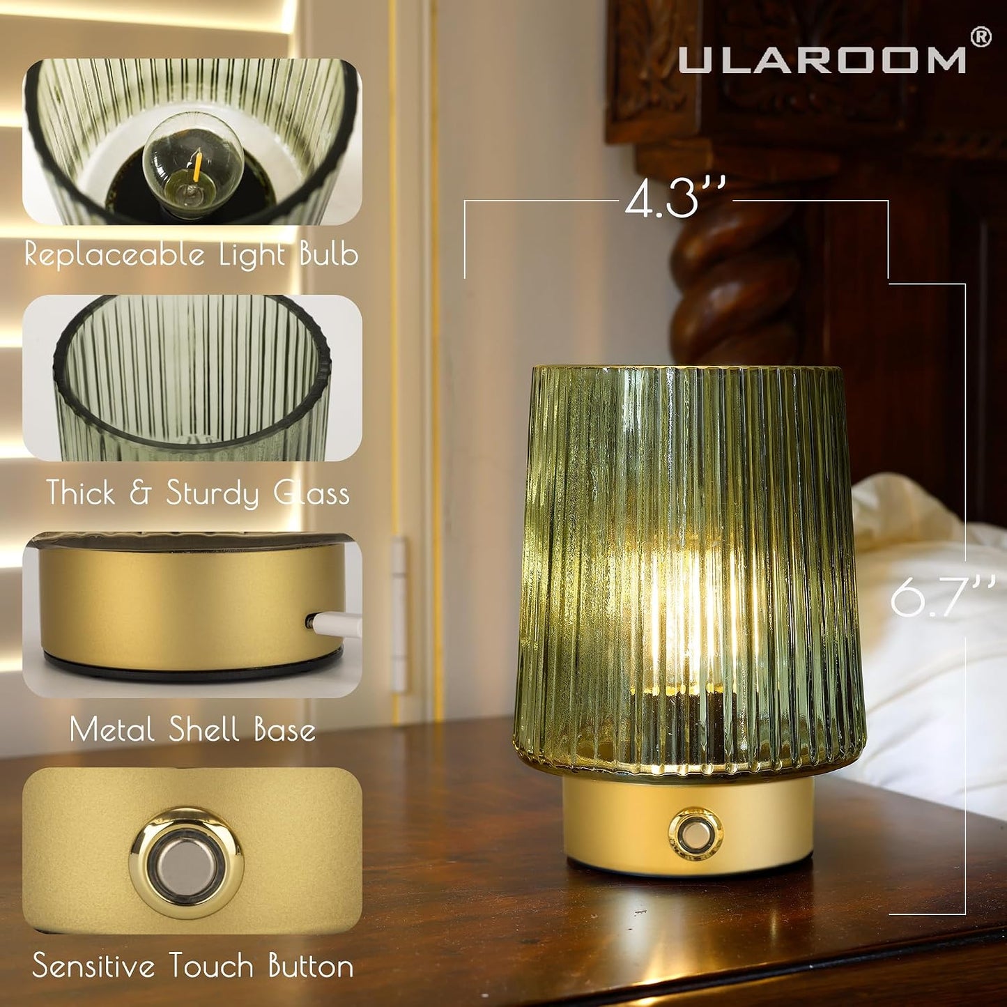 ULAROOM Cordless Lamp Rechargeable Battery Operated lamp, Glass Small Table lamp - Portable Dimmable Brightness Touch