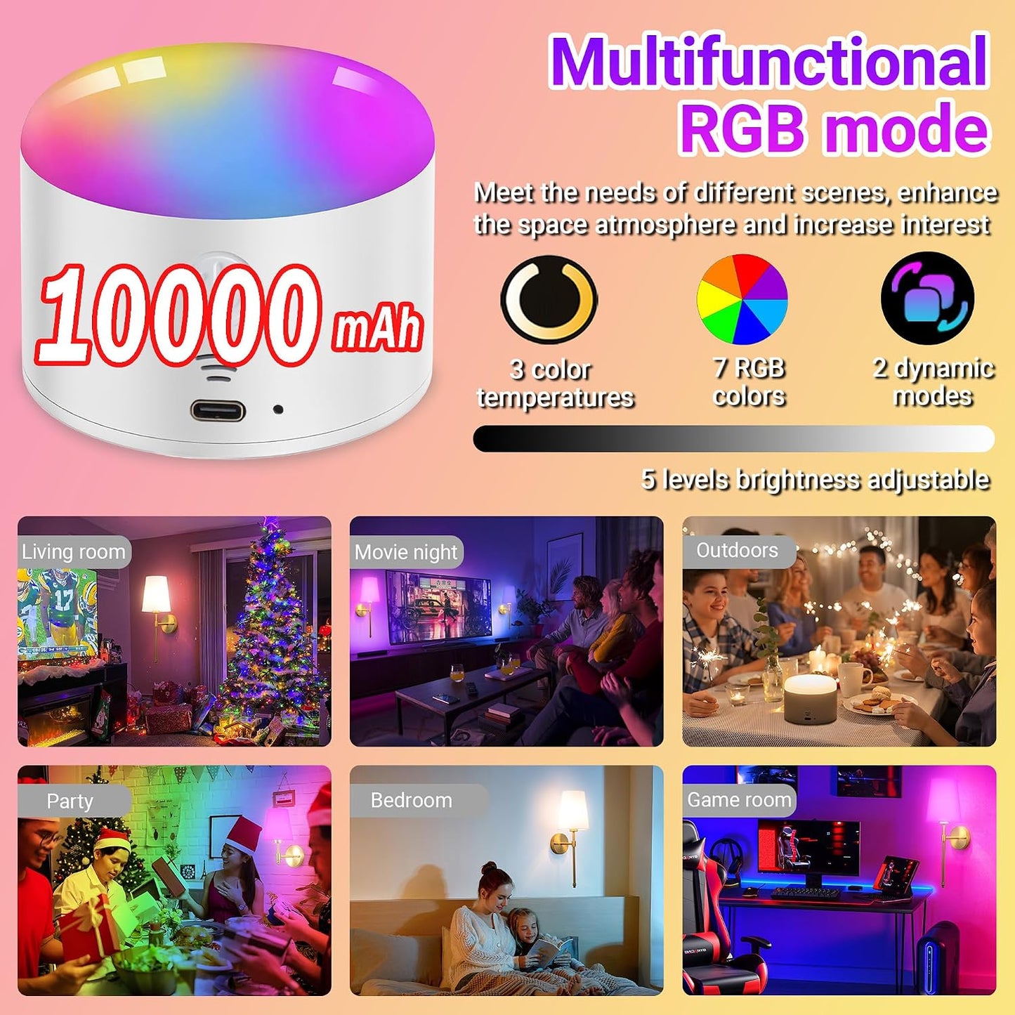 YHCDLAMP Battery Operated Wall Sconces Set of 2, Rechargeable Wireless Wall Lights with 10000mAh Magnetic Bulbs, Up to
