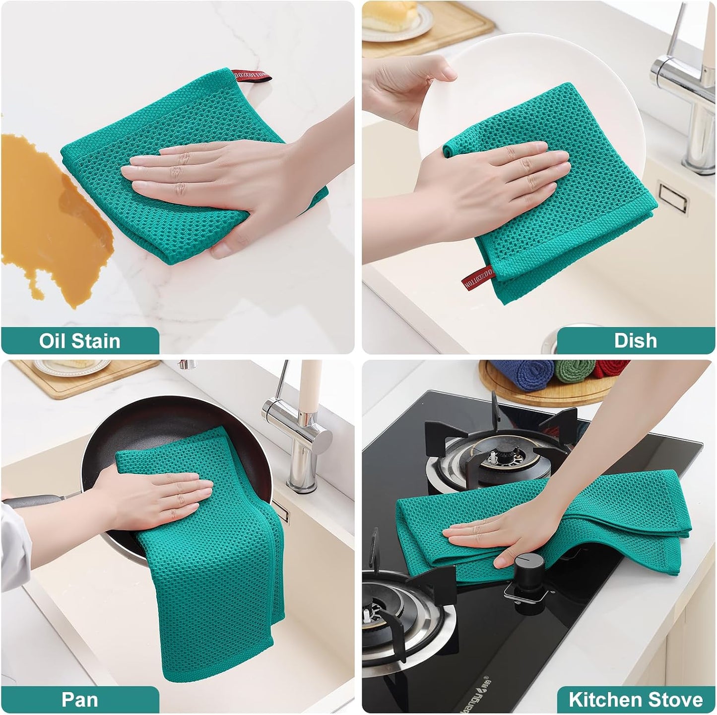 Homaxy 12 Pack 100% Cotton Kitchen Towels and Dishcloths Set, Teal | 12 x 12 Inches and 13 x 28 Inches Kitchen Towels
