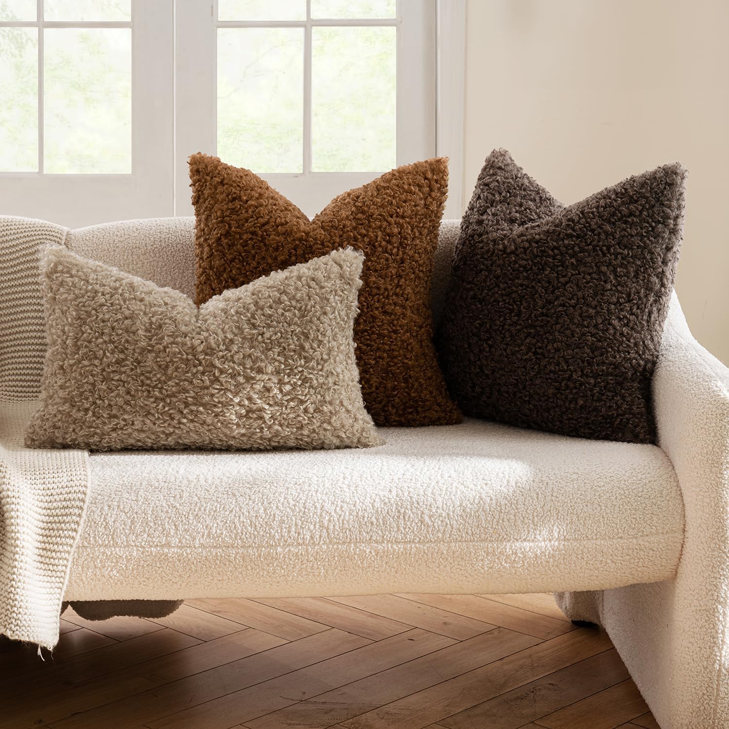 Faux Fur Throw Pillow Covers Boucle Decorative Sherpa Pillow Covers / 18 x 18 / Chocolate / Set of 2
