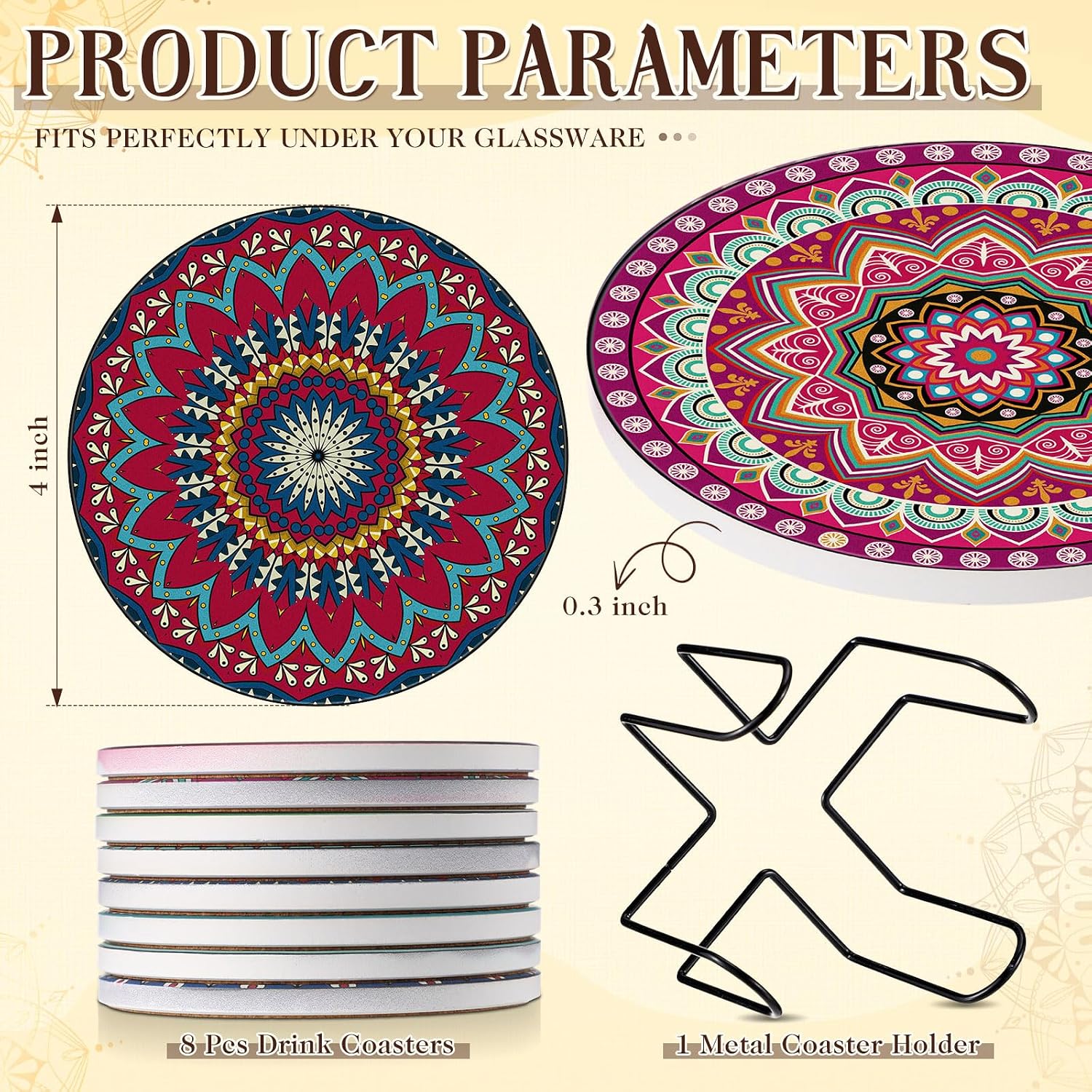 Holder Mandala Round Absorbent Drink Coasters / Mandala Style / 4 Inch / Set of 8