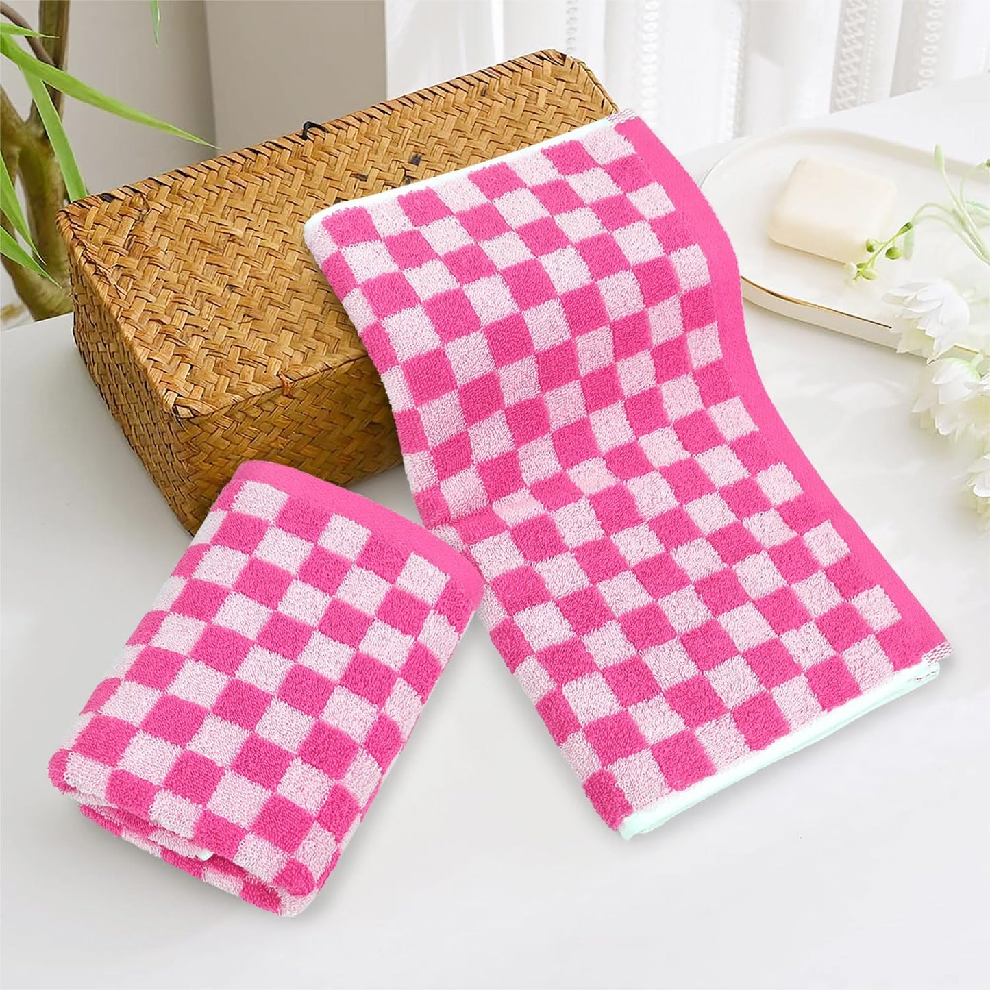 Jacquotha Pink Hand Towels 4 Pack, Cotton Decorative Bathroom Hand Towel | Checkered Kitchen Decor, 13" x 29"