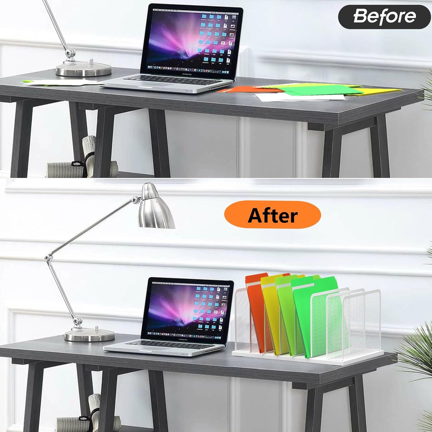 Kuntine.B 7-SectionUpright Desk File Organizer White 2 Pack | Vertical, Mesh, Metal, Assembly, Stability, Sturdiness