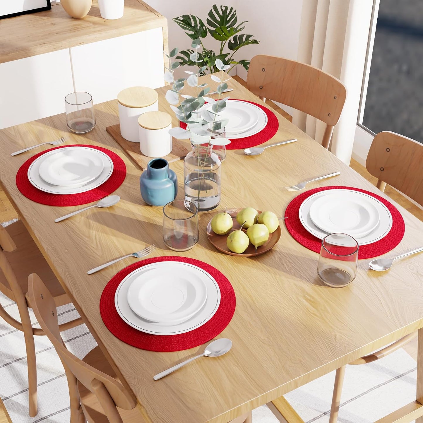 Encasa XO Placemats, Round Cotton Dining Table Mats 13" | Red, Handcrafted Ribbed Texture | Heat Resistant Trivets