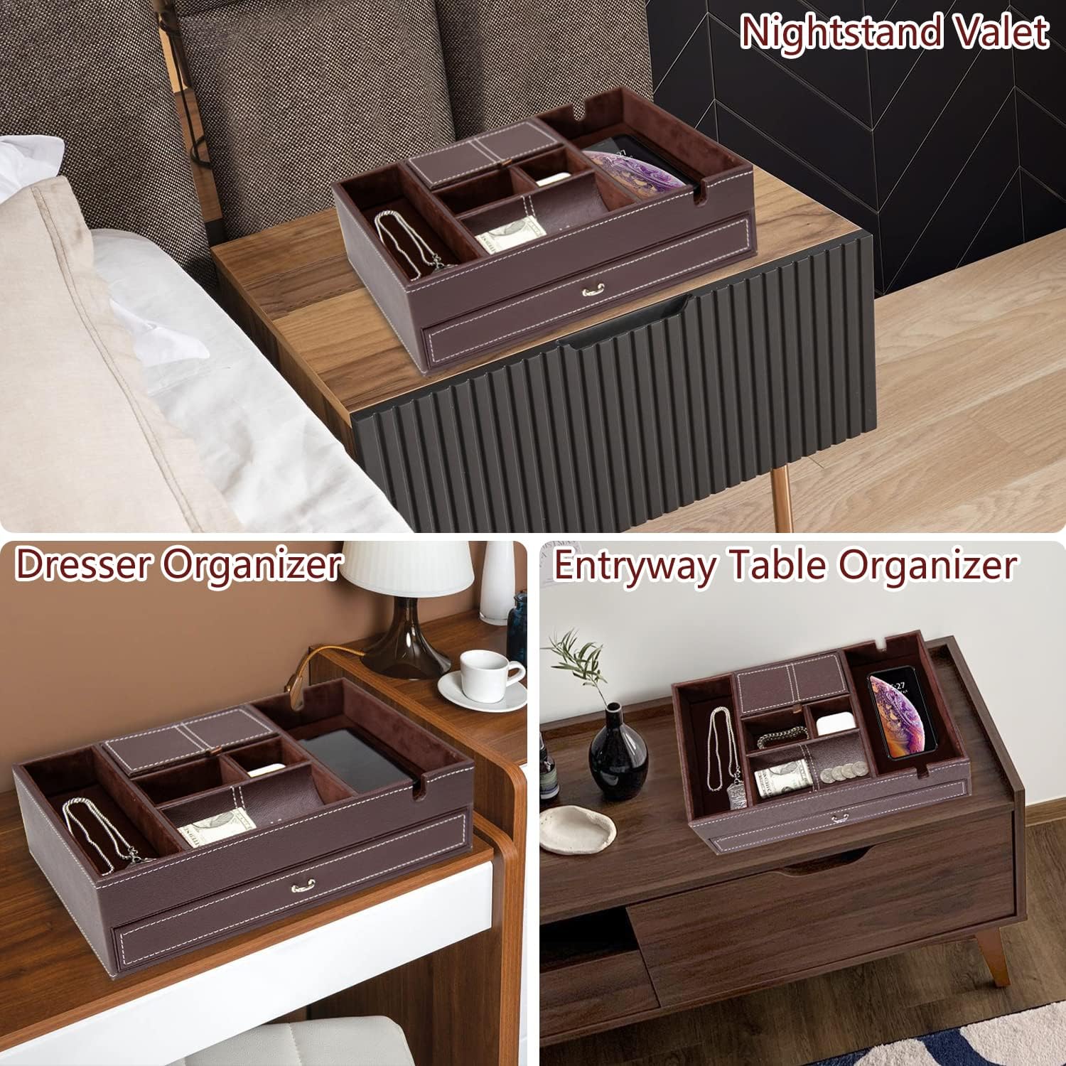 Baoyun Valet Tray for Men, 2 Layers Nightstand Organizers for Men and Women, Leather Jewelry Storage Box, Mens Dresser