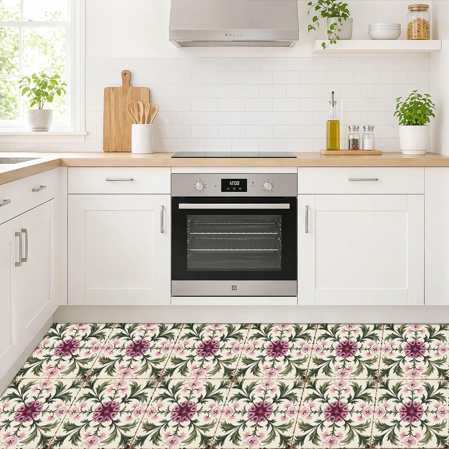 Vintage Peony Vine Pattern Peel and Stick Floor Tiles / 12 x 12 / Set of 10
