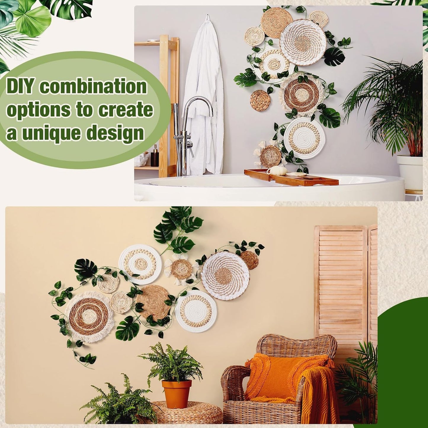 Boho Wall Basket Set Artificial Plants Handmade Hanging Woven Baskets Wall Decor Fake / Set of 15