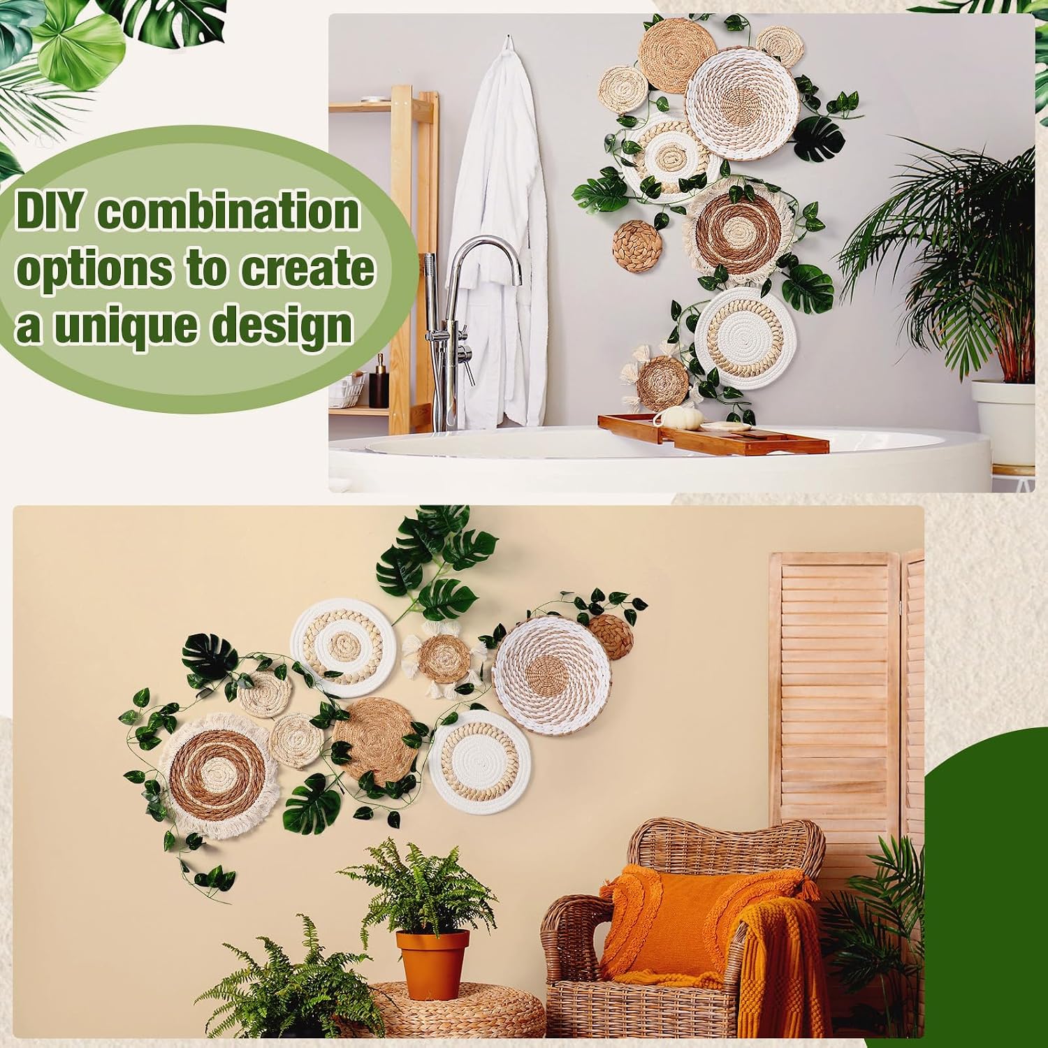 Boho Wall Basket Set Artificial Plants Handmade Hanging Woven Baskets Wall Decor Fake / Set of 15