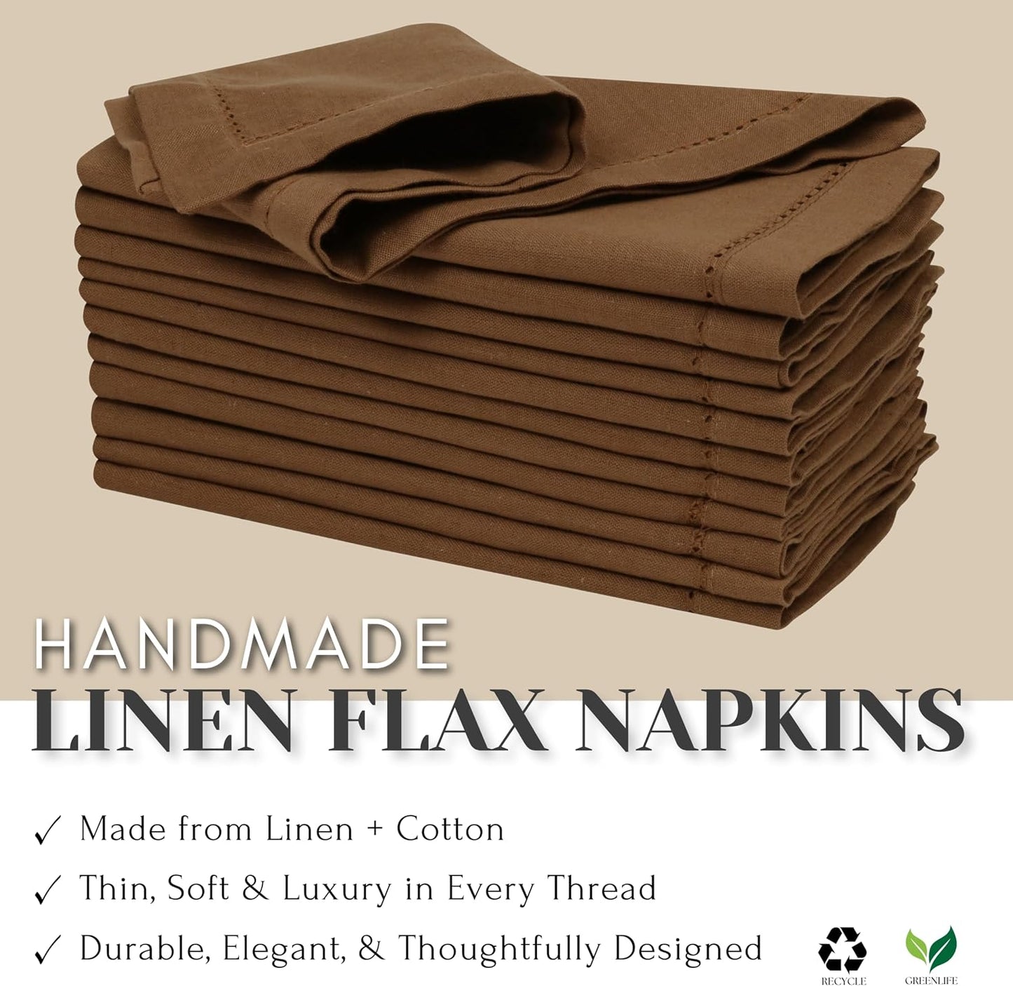Ramanta Home Brown Cloth Dinner Napkin Set of 12-18x18 Inch | Cotton Linen Flax Hemstitched Napkins Washable for