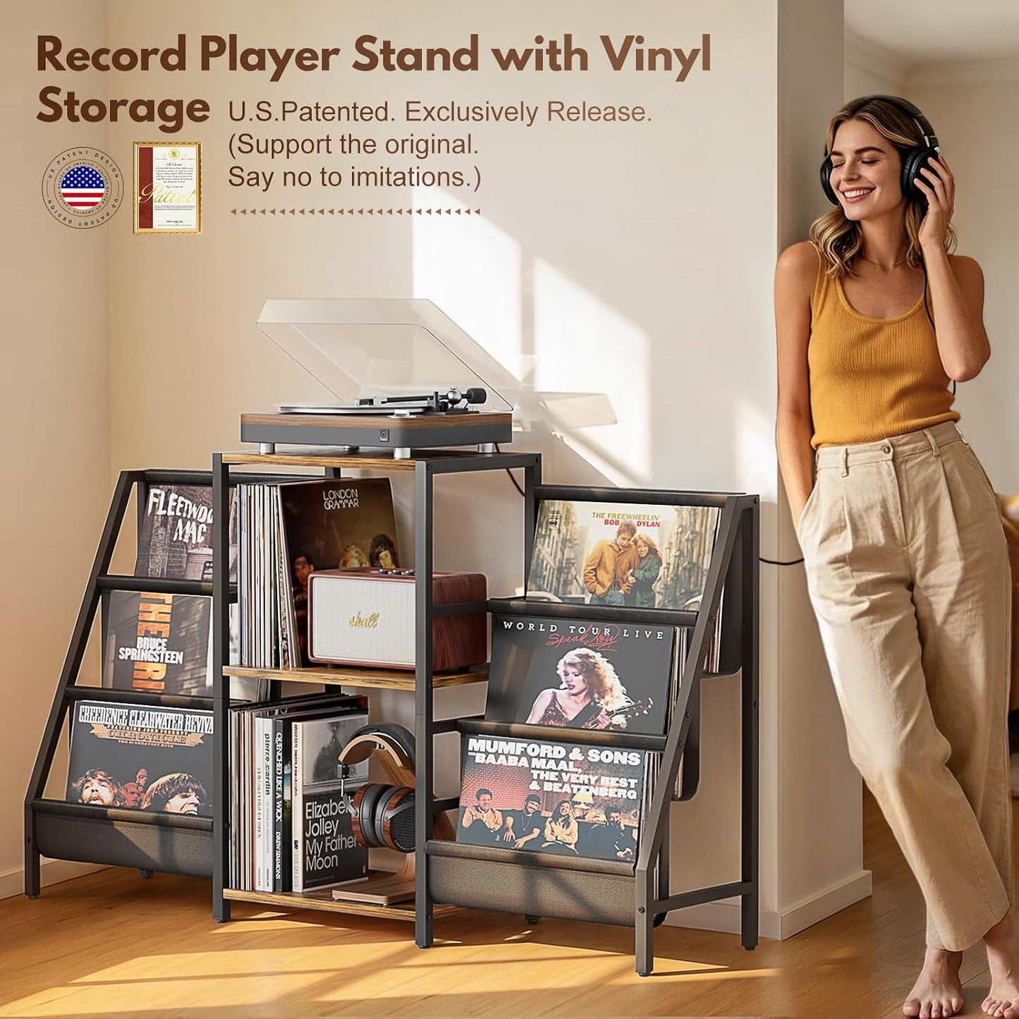 Record Player Stand with Vinyl Storage, Record Player Table with Vinyl Record Storage Up to 280 Albums, Turnta ble