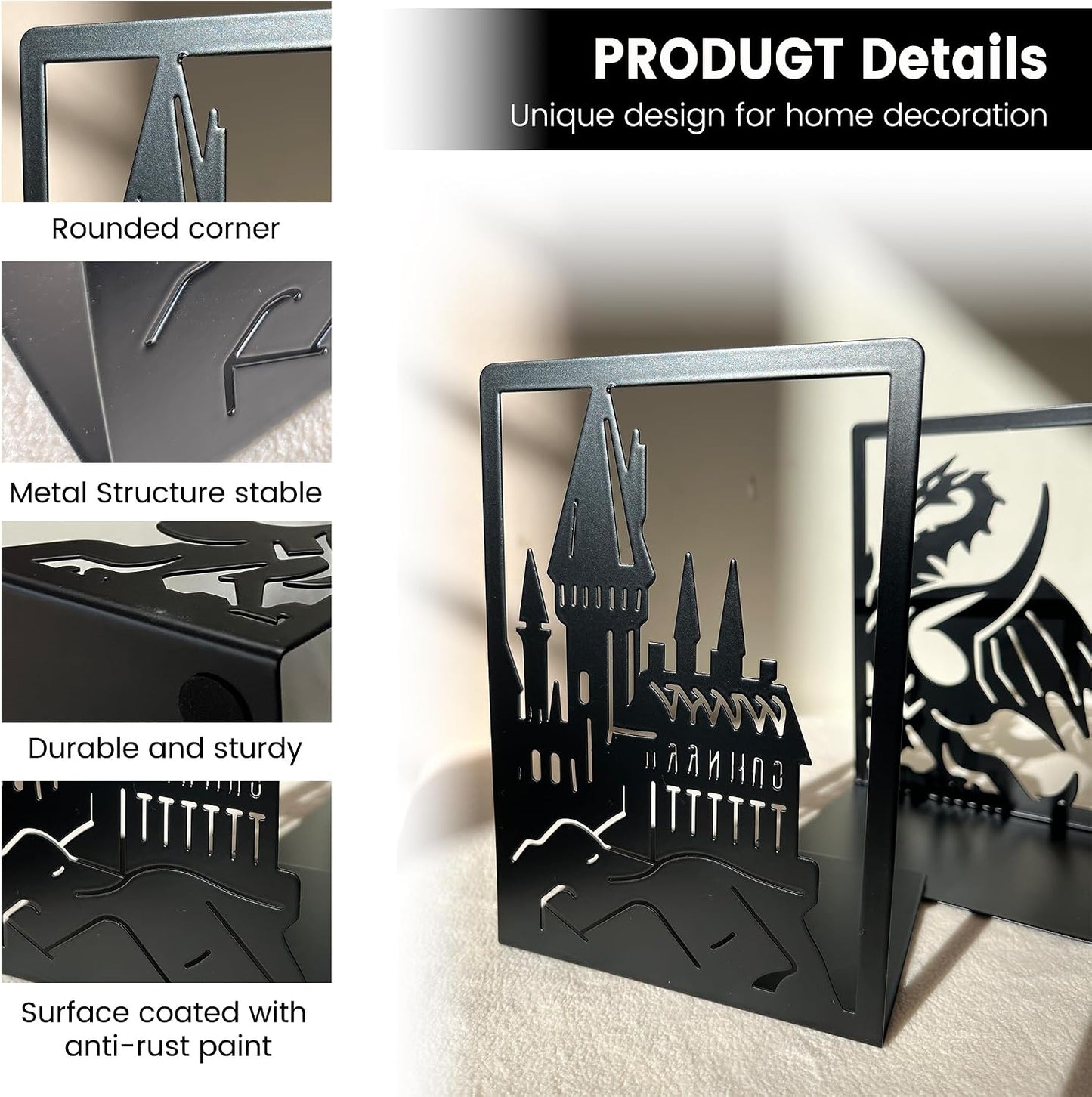 Metal Bookends / Dragon Castle / 1 Pair