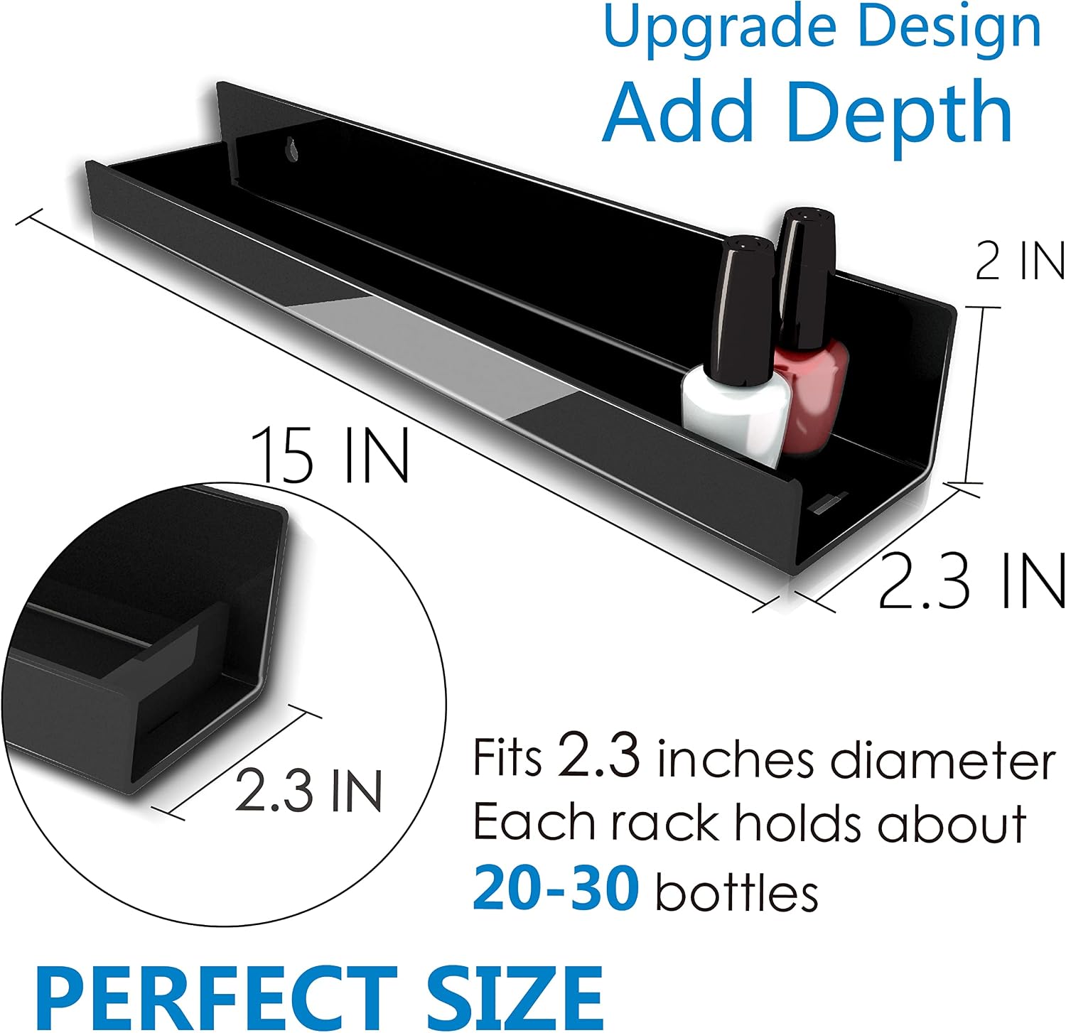 4 Pack 15 Inch Black Acrylic Floating Wall Shelves, Kids Bookshelf | Modern Display Shelf for Nail Polish, Sunglasses