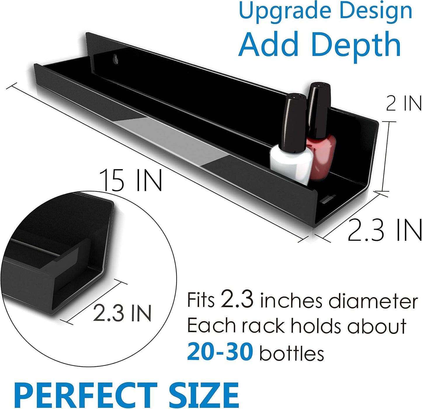8 Pack 15 Inch Black Acrylic Floating Wall Shelves, Kids Bookshelf | Modern Display Shelf for Nail Polish, Sunglasses