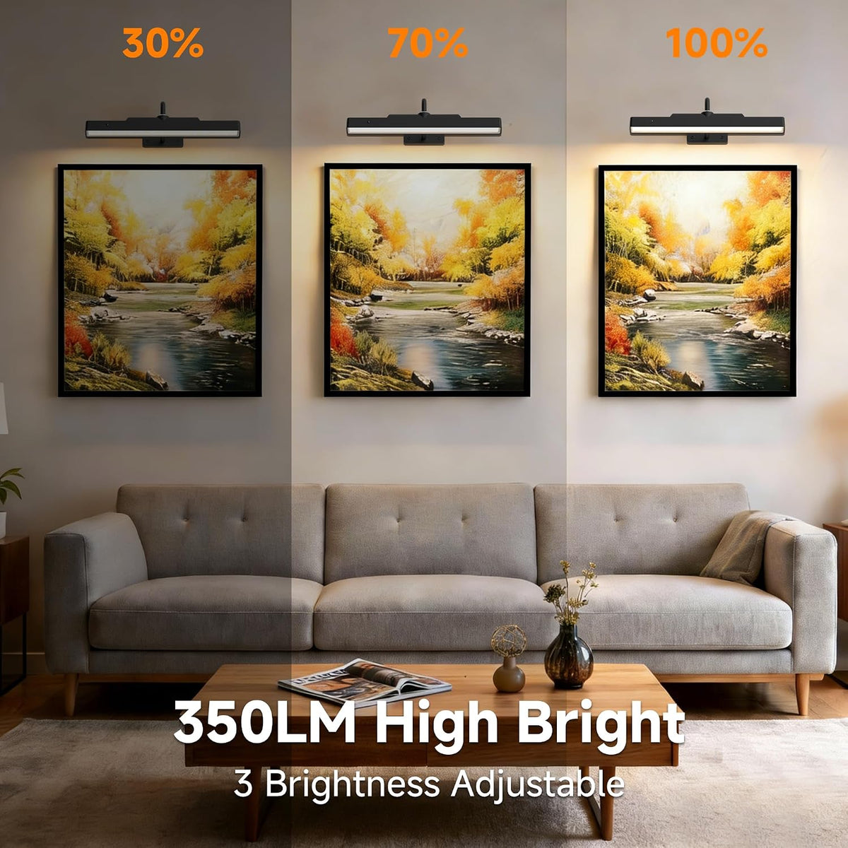 Picture Light, 4400mAh Black Rechargeable Battery Operated Wireless Art Light, Cordless Dimmable Remote Magnetic